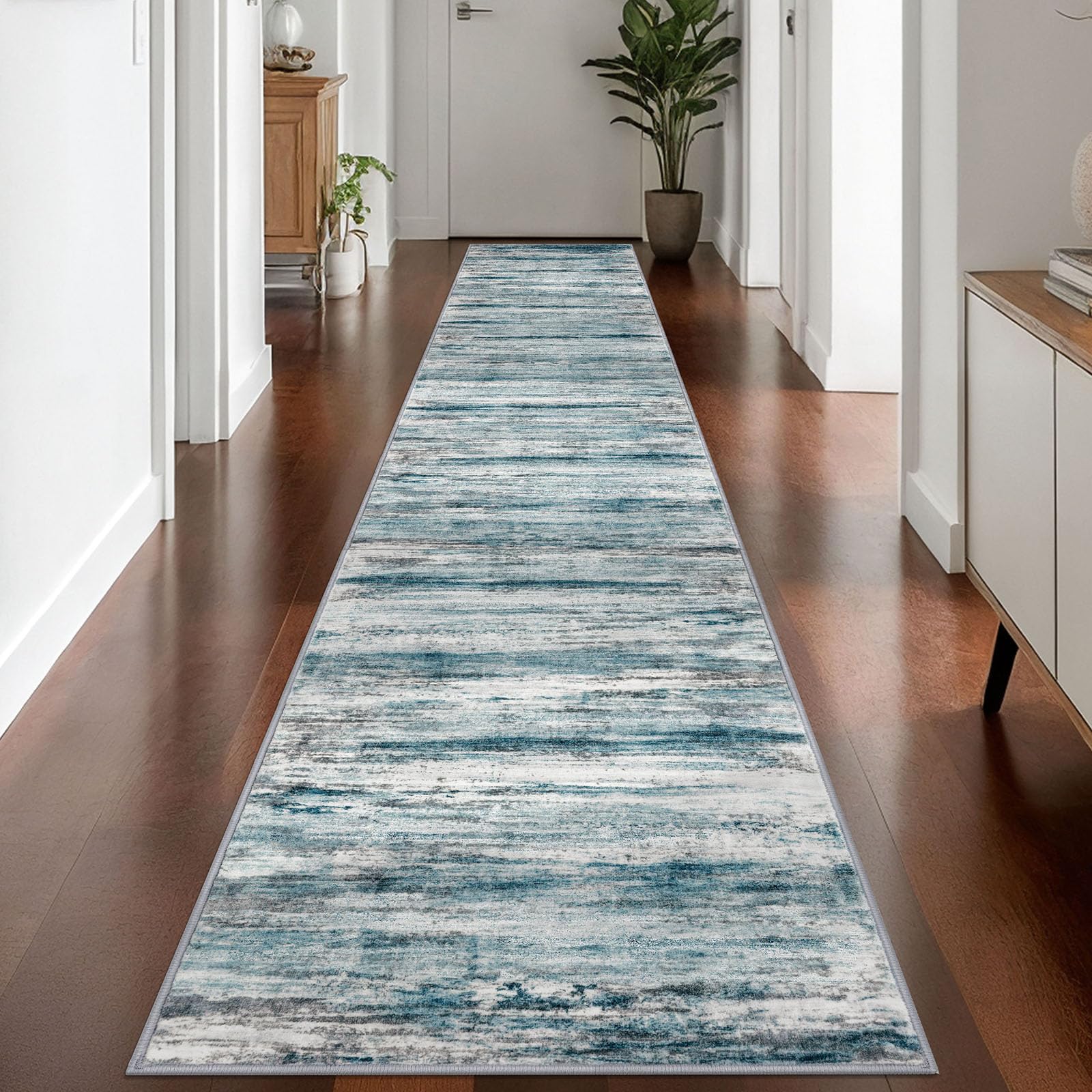 KOZYFLY Modern Abstract Hallway Runner Rug,2.6x14 Washable Rug Runner Non-Slip Soft Striped Kitchen Runner Rugs, Print Blue Carpet Runner for Entryway Bathroom Laundry Room Foyer — image 1