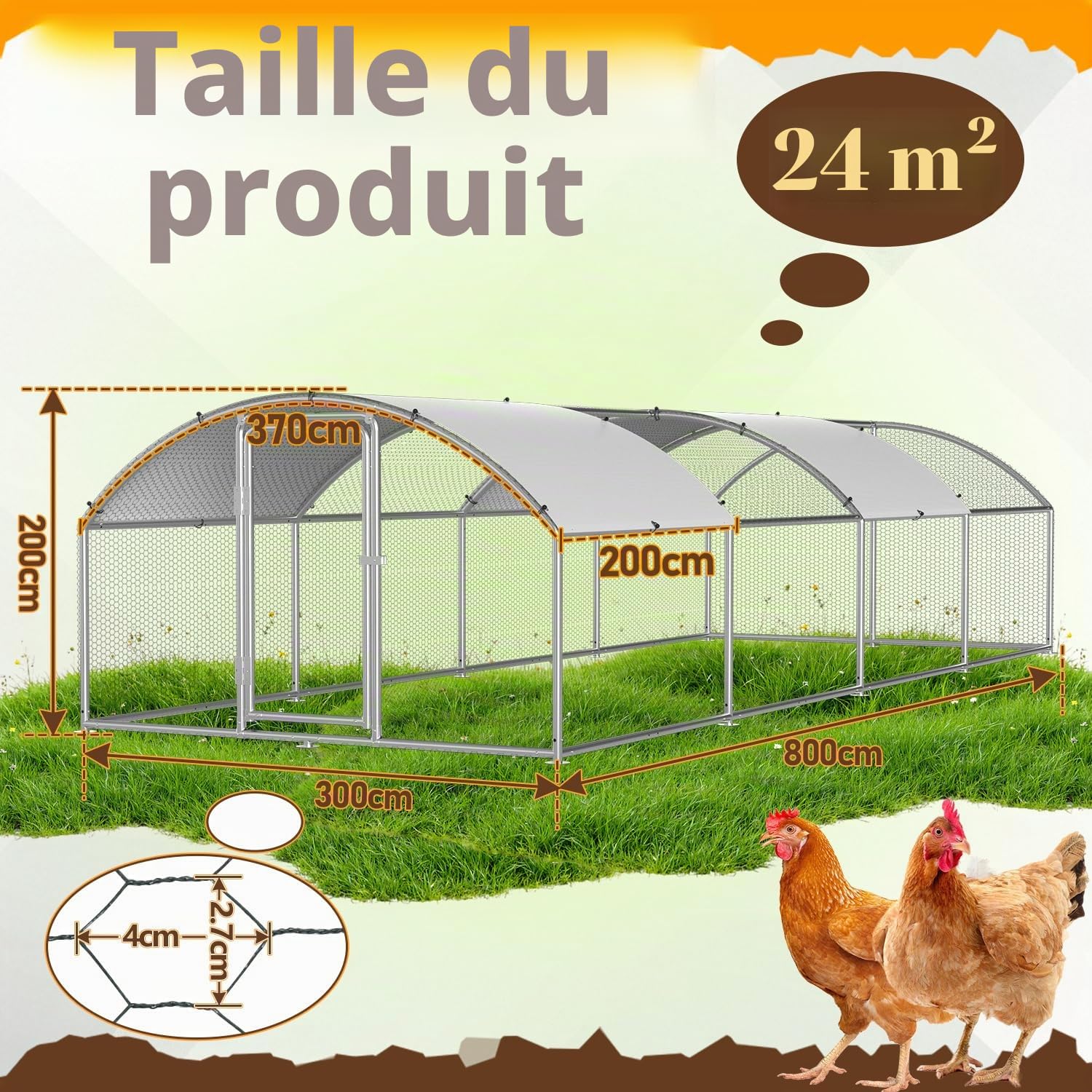 Poulailler - 3 x 8 x 2 m - Dôme - Toit - Enclos pour poulailler - Avec serrure en acier galvanisé et tissu imperméable couleur PE - Facile à nettoyer