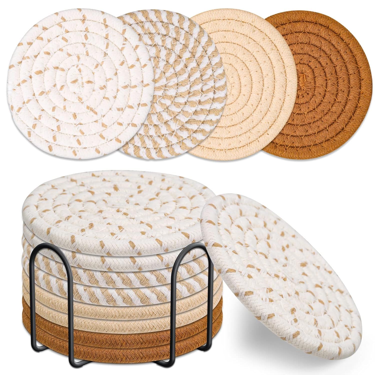 Store2508 Premium Cotton Rope Coasters Set of 8 with Metal Stand, Handwoven Absorbent Drink Coasters, Heat Resistant Round Table Mats for Coffee Tea Cups Glasses Home Kitchen Decor (11 cm, Multicolor)-image-43