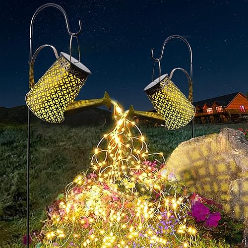 2 Pack Solar Watering Can with Lights - Solar Lights Outdoor Decorations Large Hanging Solar Waterfall Lights with Bracket Waterproof Watering Can Landscape Light for Patio Pathway Gift(Warn White)
