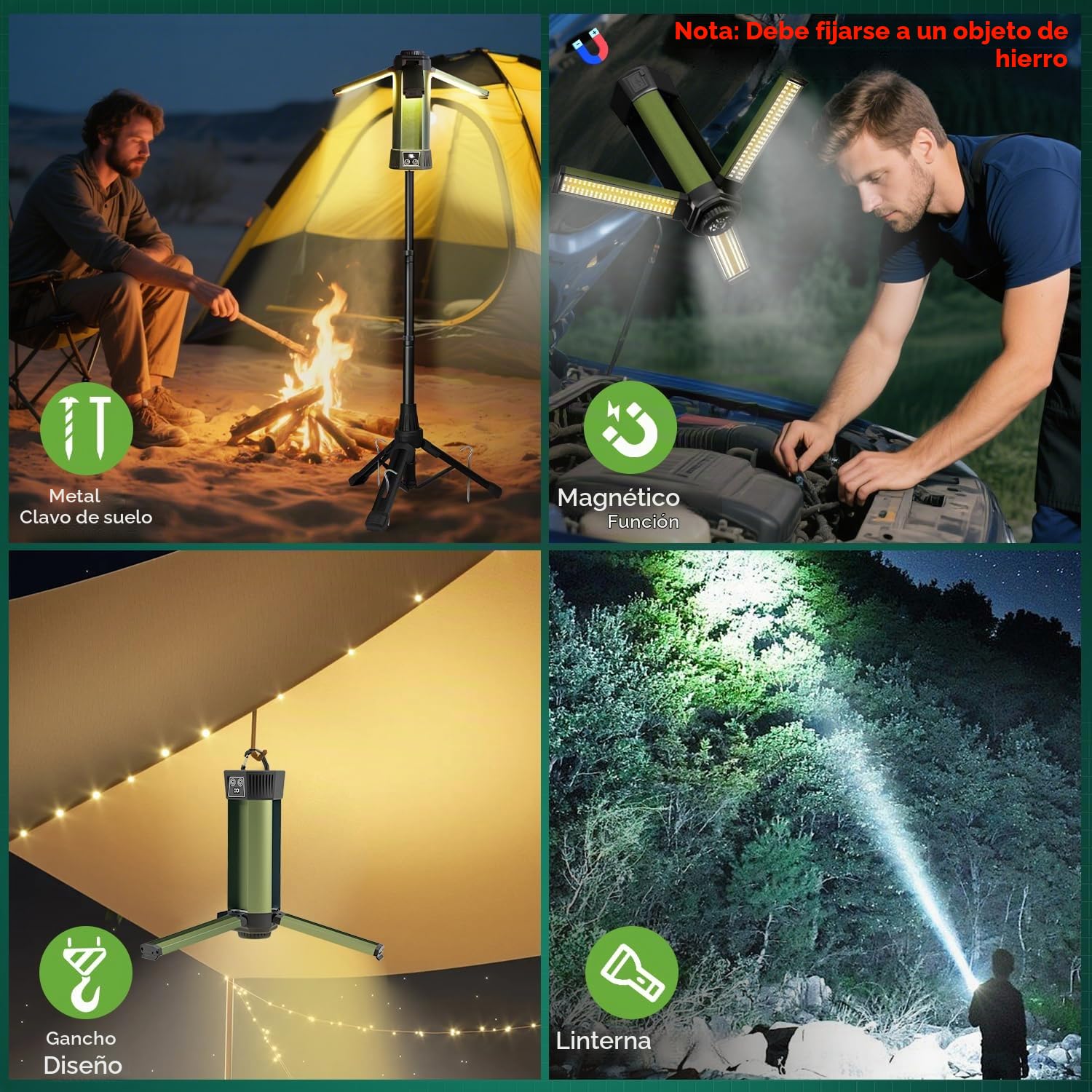 Foco LED recargable con soporte, 2000 lúmenes, batería de 6000 mAh, 7 modos de luz, lámpara de trabajo magnética para exteriores, reparación de coche, camping, inalámbrico, USB C [clase