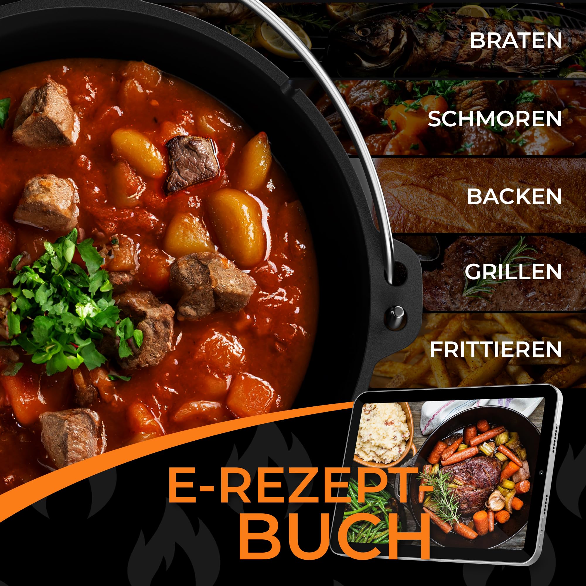 Dutch Oven Set 12L - Eingebrannter Dutch Oven 12 Liter - Feuertopf Gusseiserner Topf mit Füßen & mit praktischem Deckelheber [für 10-16 Personen]