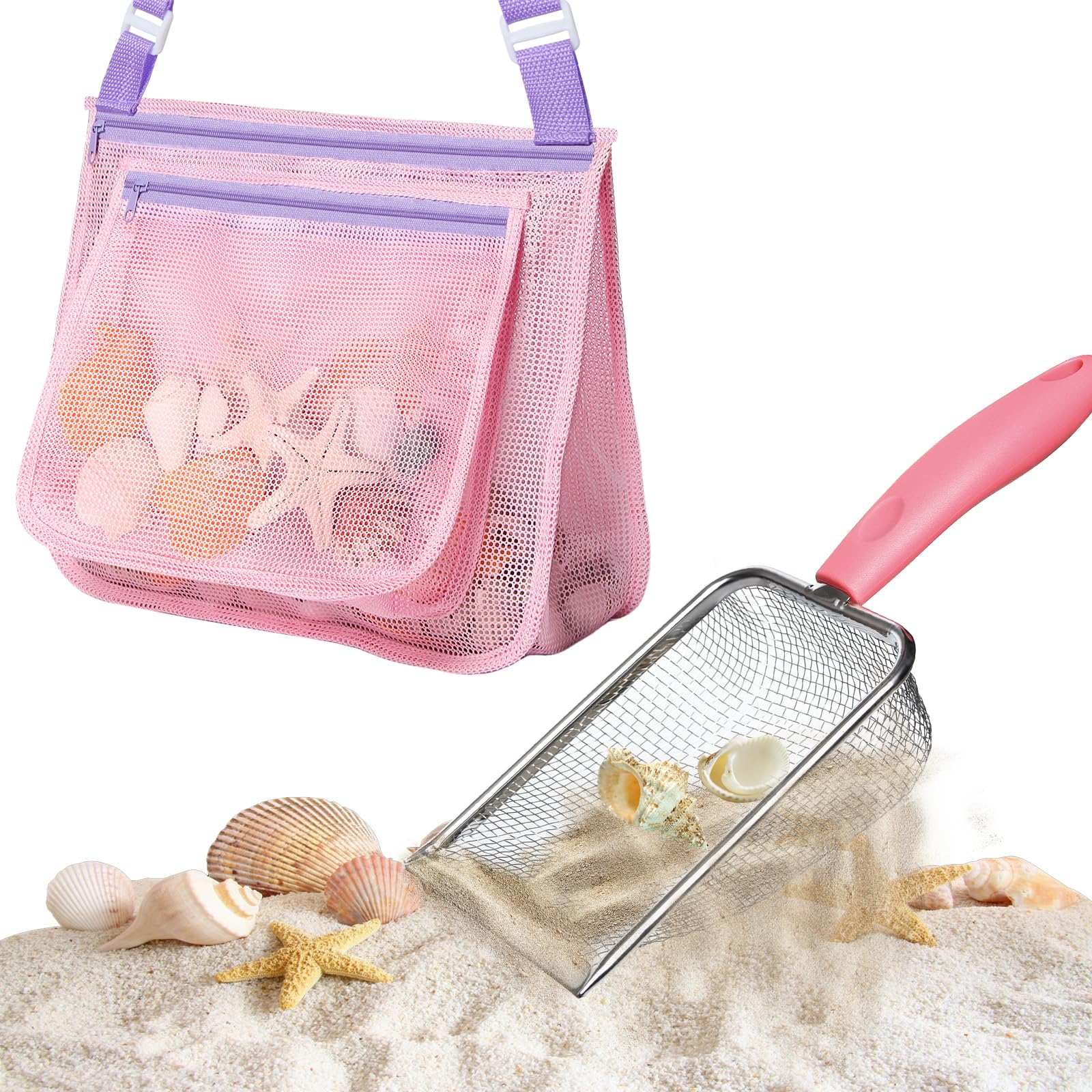 LIDAGO Beach Mesh Shovel with Mesh Beach Bag for Shell Collecting,Metal Shark Tooth Sifter Sand Dipper Beach Scoop for Kids Boys Girls