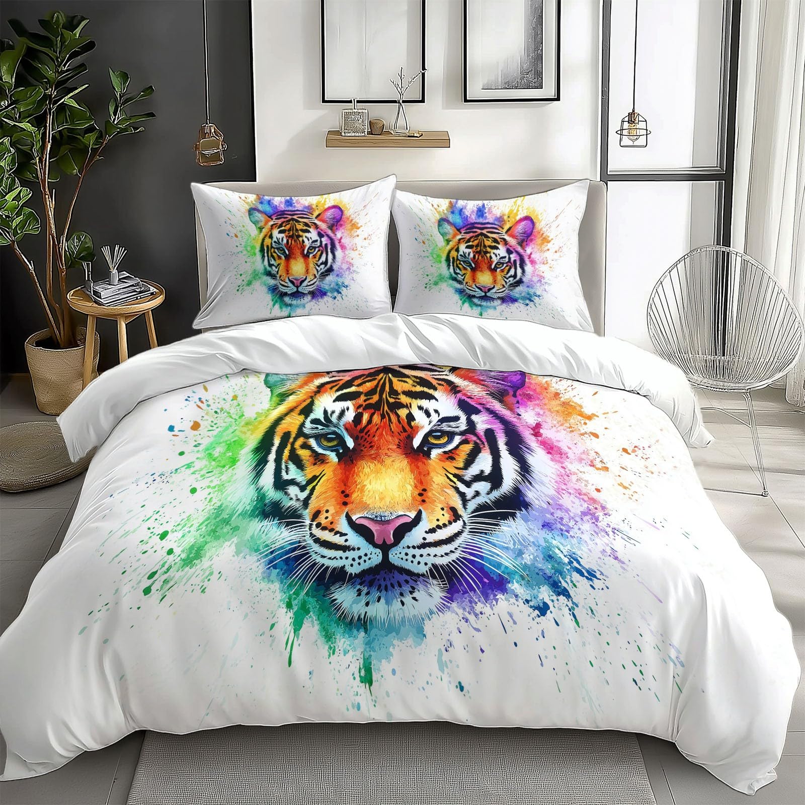 White Duvet Cover Queen Size for Kids Teen Watercolor Tiger Color Print Bedding Sets with 2 Pillowcase, Reversible Super Soft Bedroom Decor Bed Cover 3 Piece for Boys Girls