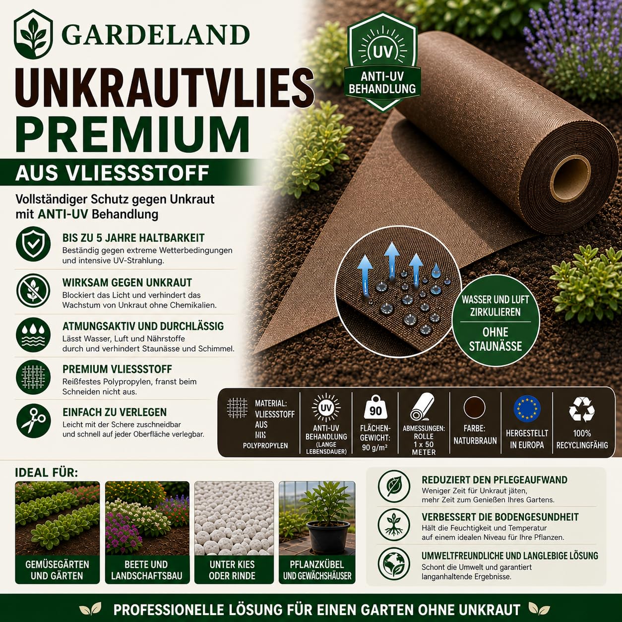 Unkrautvlies Braun Gartenvlies -5 Jahre Premium UV Behandlung im Außenbereich- Rolle 50 Meter x 1 Meter 90g/m2 Unkrautvlies Wasserdurchlässig Unkrautfolie FRANSEN Nicht aus Hergestellt EU