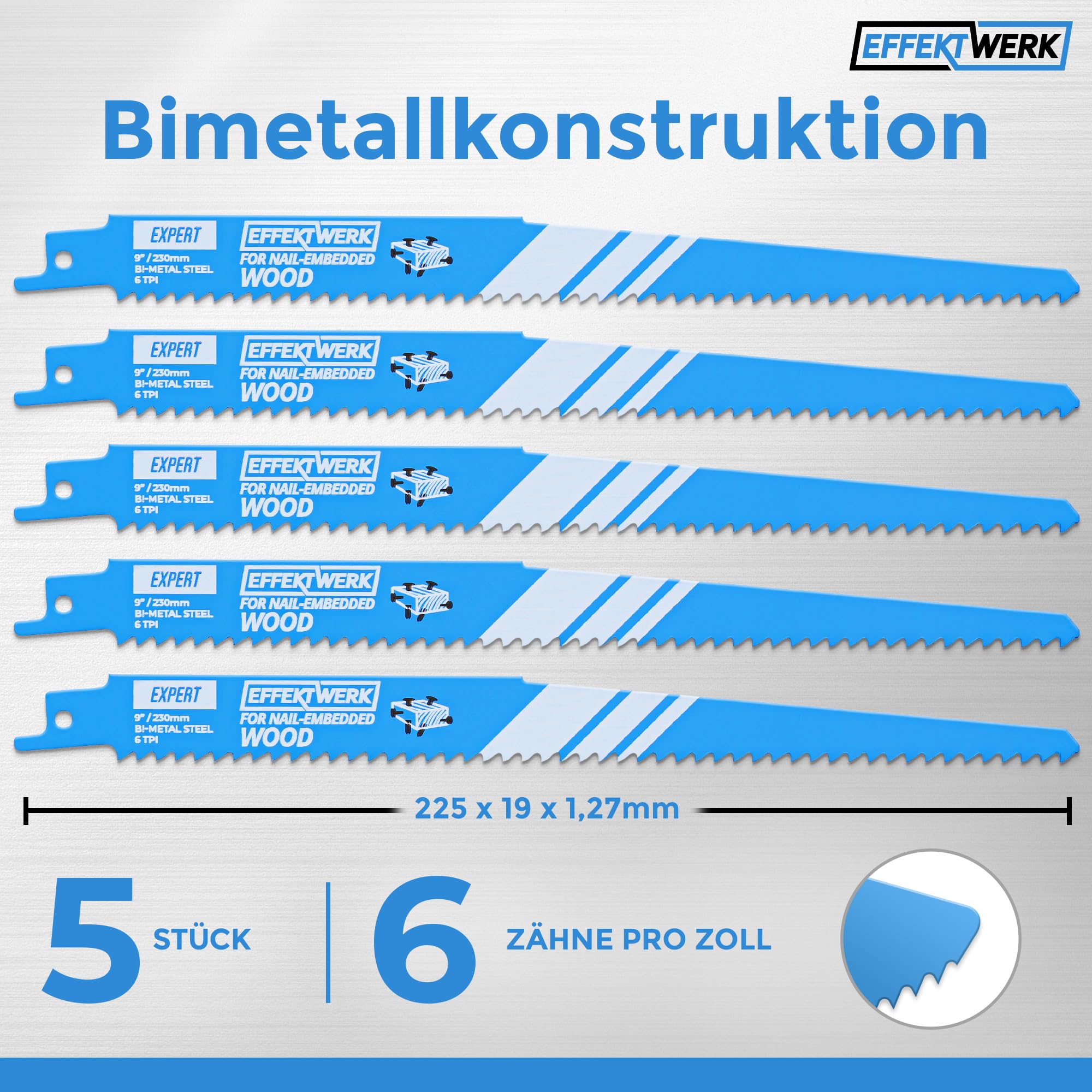 EffektWerk - Reciprocating Saw Blades for Metal - 5 Pieces - 9" / 225mm Bi-Metal Steel Cutting Saw Blade Set - 6 TPI - Image 4