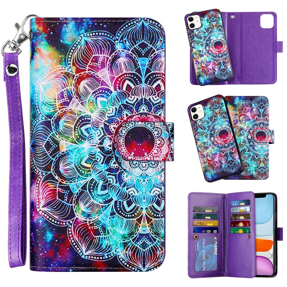 2-in-1 Case for iPhone 11 Case Wallet Credit Card Holder ID Slot Detachable Hybrid Protective Slim Hard Shell Magnetic PU Leather Folio Pocket Flip Cover for iPhone 11 6.1 inch (Mandala)