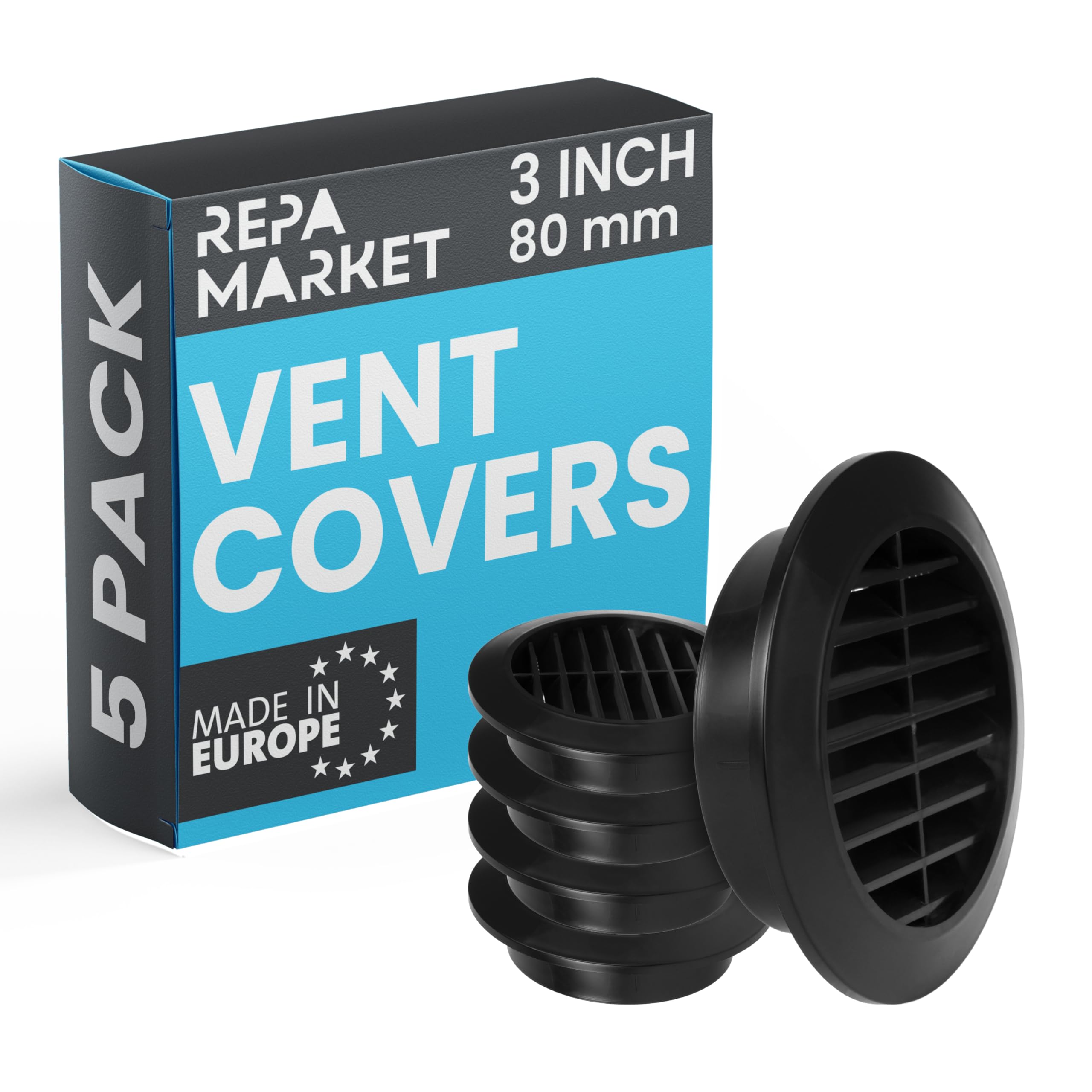 Repa Market 80mm Pack of 5 Black Vent Cover with Mesh Screen - Plastic Soffit Ventilation Grill - Louvered Vent for Indoor, Outdoor Wall Ducting - HVAC Louvre Grille for Kitchen, Bathroom