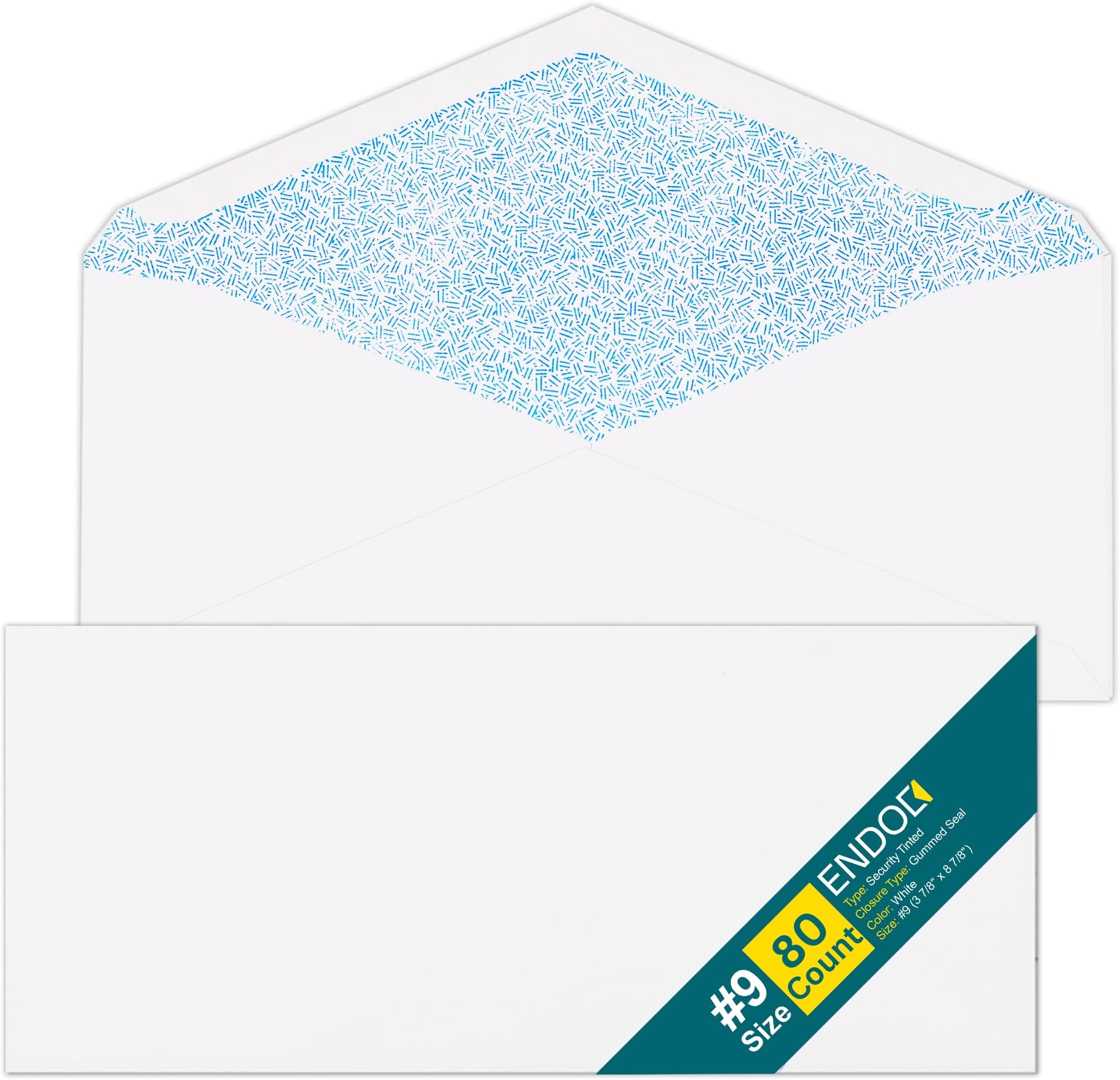 #9 Envelopes Letter Size - 80 Pack - Security Tinted 3 7/8" x 8 7/8" Gummed Seal Business Envelopes - Return Mailing Envelopes for Checks, Invoices, Statements - 24lb Plain White Paper