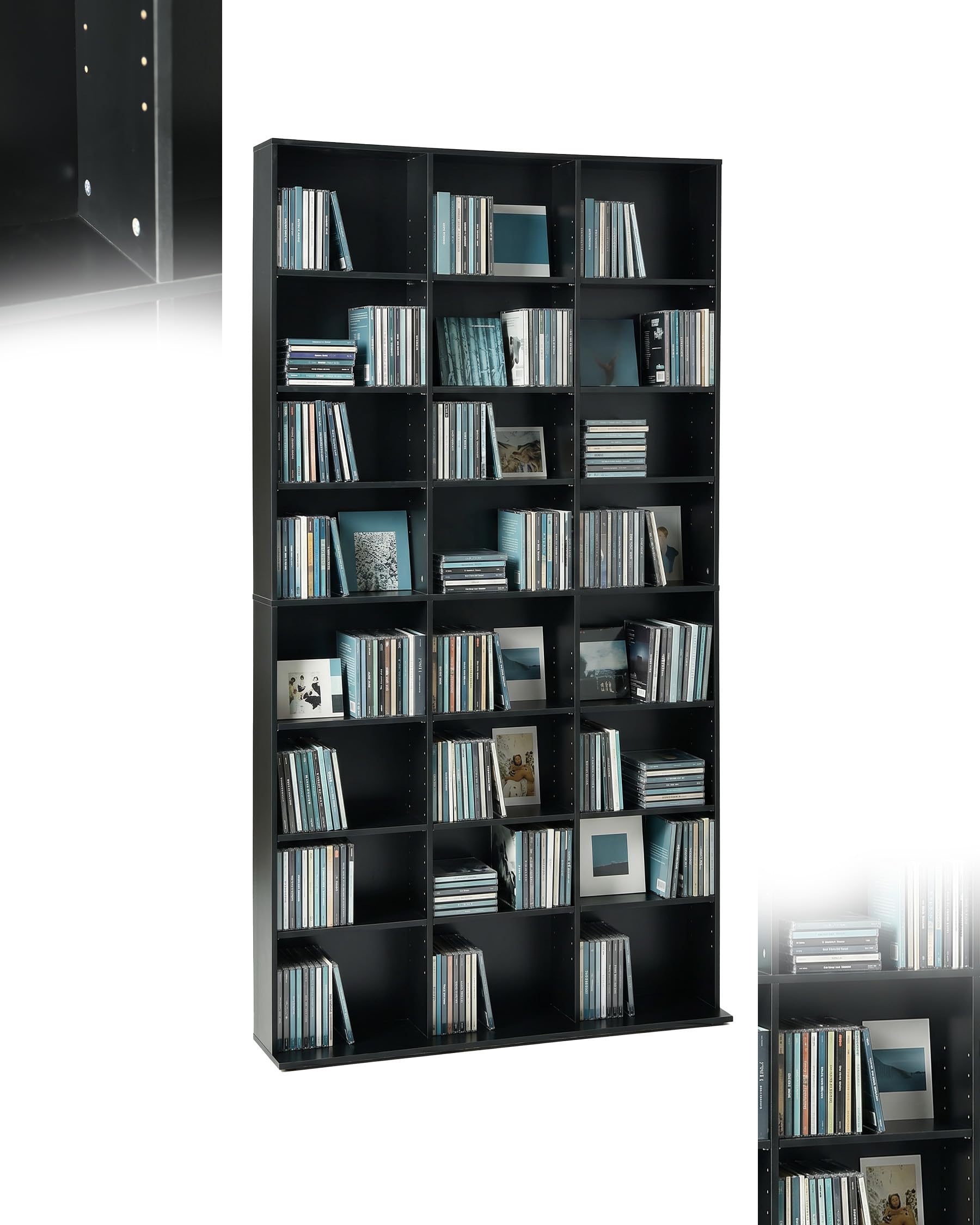 Bibliothèque étagère CD avec 22 compartiments – rangement DVD, étagères réglables, anti-basculement, MDF noir – pour CD, DVD, livres – meuble de rangement