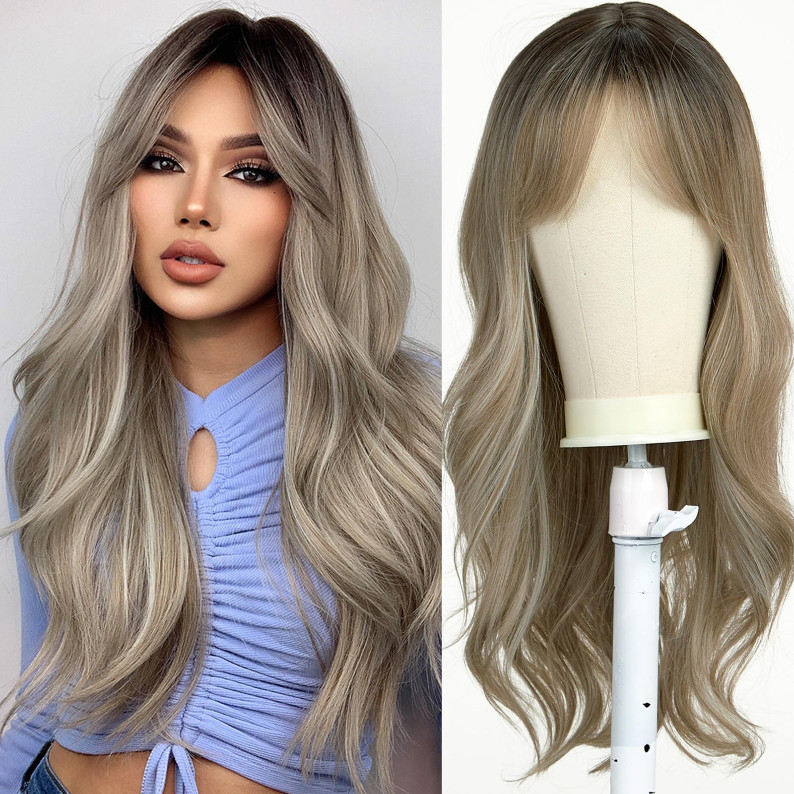 Esmee Long Wavy Silver Gray Wig for Women Natural Synthetic Hair Heat Resistant Ombre Wigs with Dark Roots for Daily Party Cosplay -24 Inches