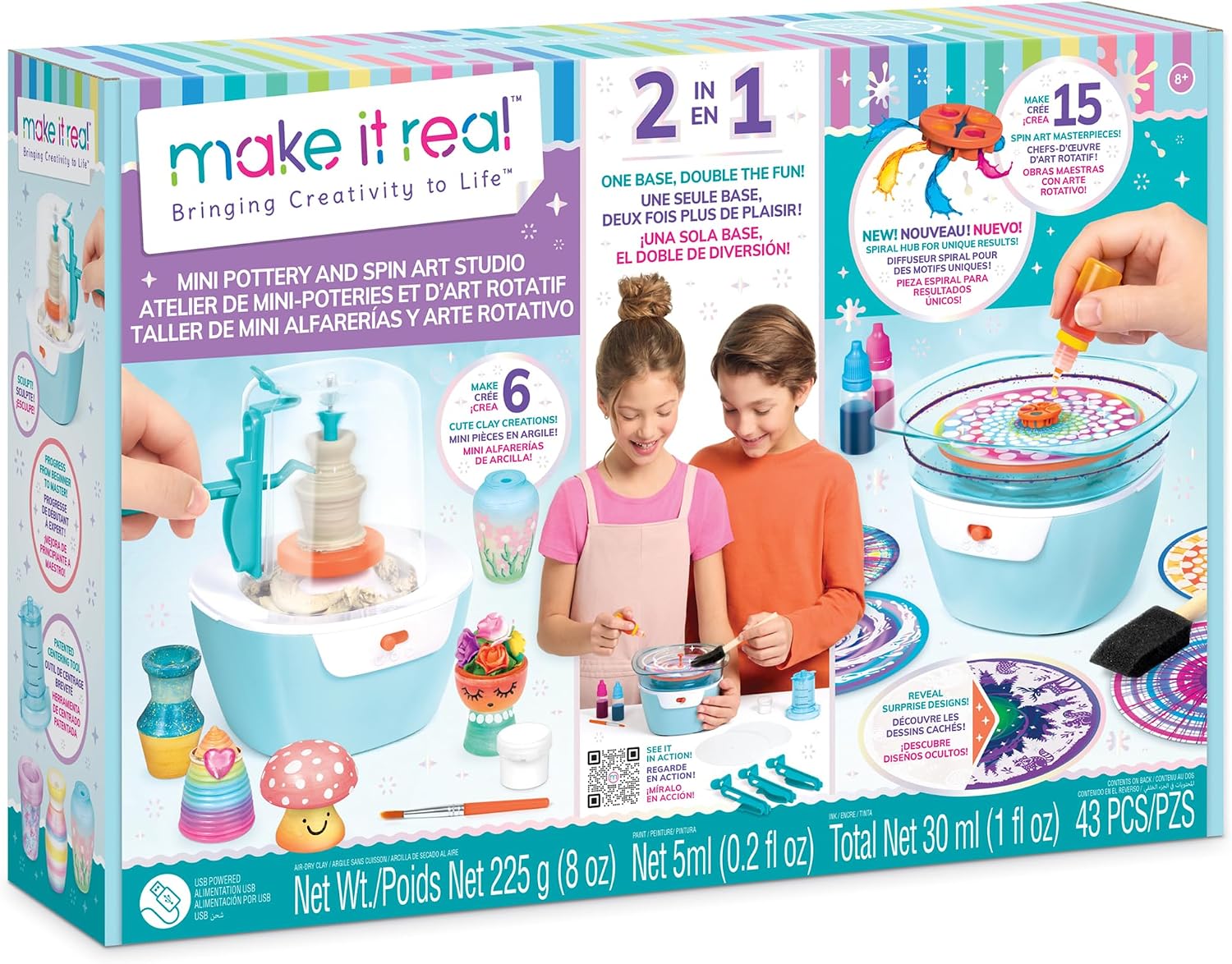 Make It Real: Mini Pottery & Spin Art Studio - 2-in-1 Versatile Base, DIY Craft Kit, Make & Decorate 6 Clay Creations, Design 15 Ink Artworks, Kids 8+