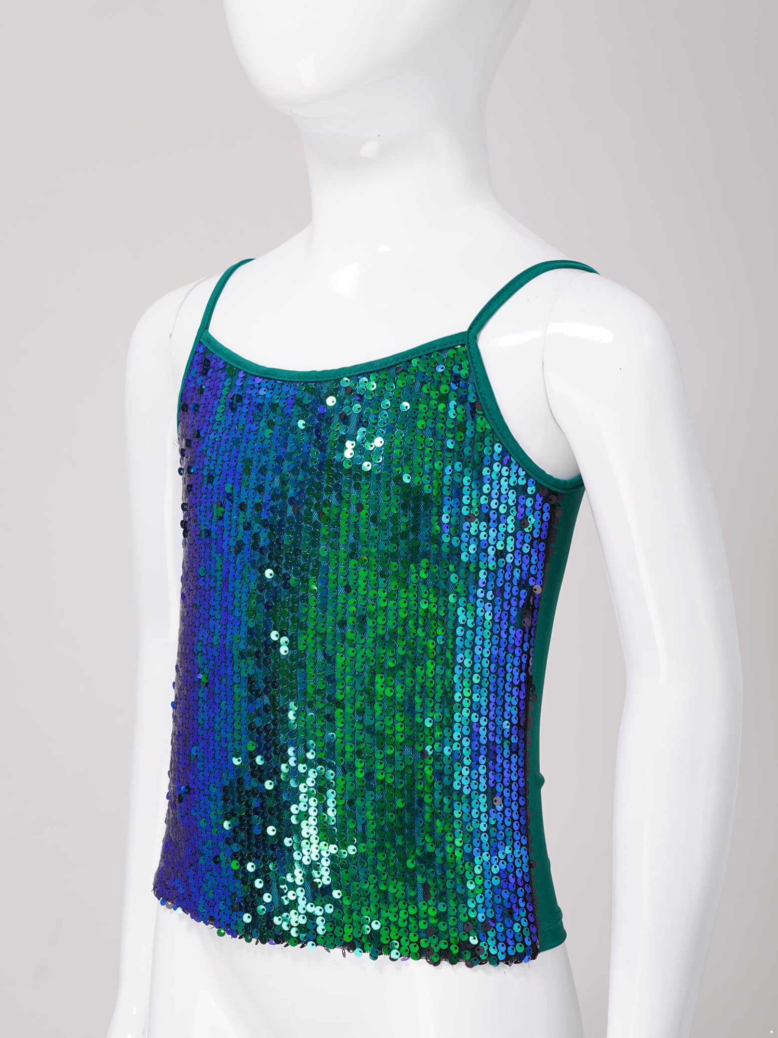 Sxiwei Błyszcząca koszulka dziewczęca z cekinami, podkoszulek tank top, ramiączka, koszulka typu spaghetti, koszulka na ramiączkach, jazz, taniec, krótki kostium do tańca