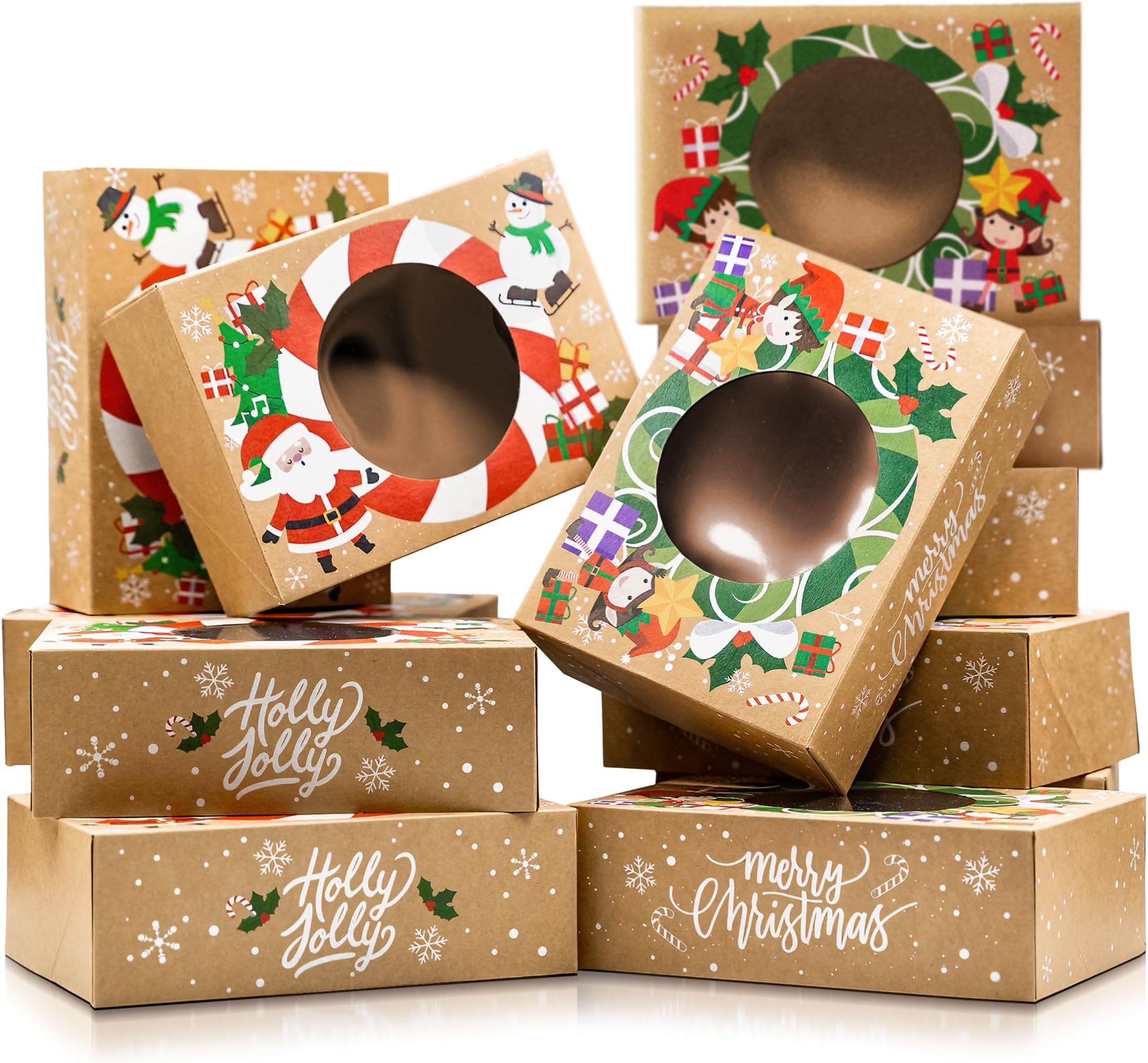 Christmas Cookie Boxes for Gift Giving - 12 Pack Kraft Treat Containers With Lids - Holiday Cookie Tins