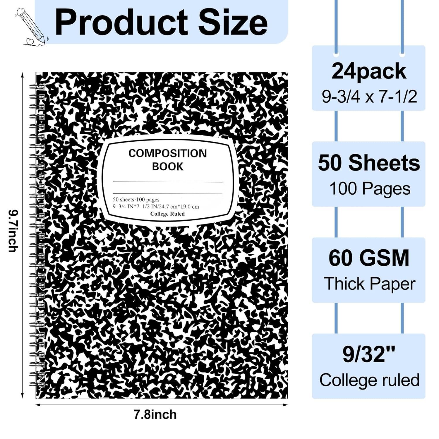 Jetec 24 Pack Spiral Composition Notebooks Bulk College Ruled Black Marble Hard Cover Composition Notebook 9-3/4 x 7-1/2 Inches College Office Supplies 100 Pages