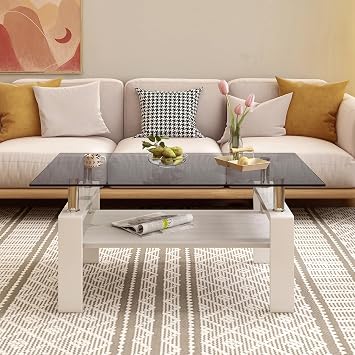 Modern Rectangle Glass Coffee Table for Living Room, 2-Tier End Table with Smoked Tempered Glass, Wooden Lower Shelf, Stainless Steel Support Pillars & Metal Legs, Grey Light Natural White