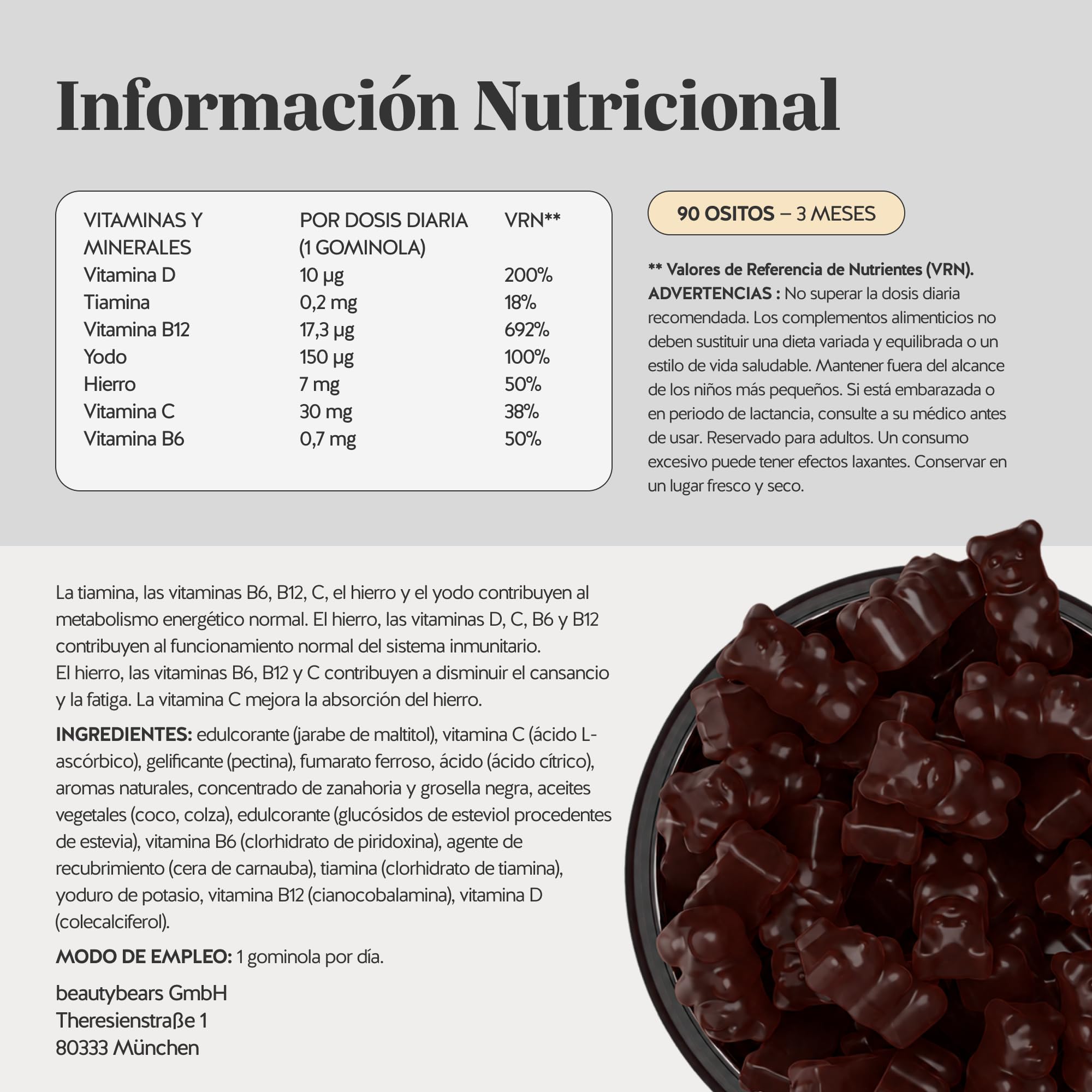 Queen of Iron Power Complex - Gominolas de Energía y Vitalidad - Hierro con Vitamina B12, B1, B6, C, D y Yodo - 90 unidades (3 meses) - Sin azúcar, Vegano - Bears with Benefits