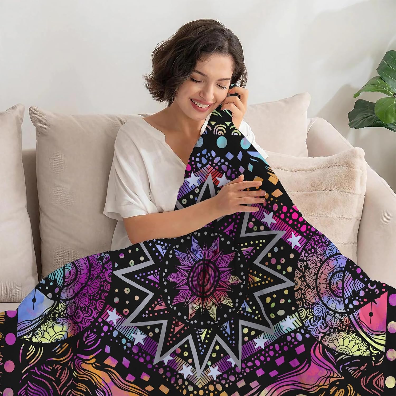 kampdream Colorful Ceometric Art Throw Blanket, Hippie Abstract Sun and Moon Purple Aesthetic Comforter Nap Throws for Couch Chair Bed Decor Comforter 40×50 inch - Image 4