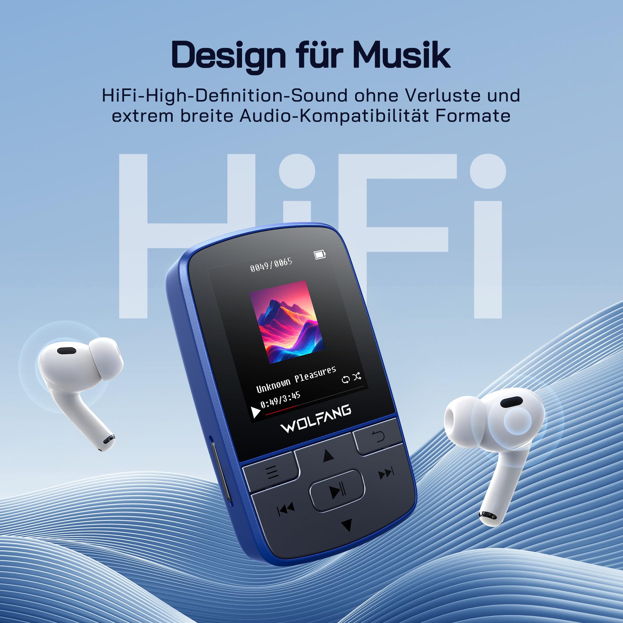 WOLFANG MP3-Player mit Bluetooth 5.2, Sportclip, Mini-Größe, Gewicht 28,3 g, HiFi FM-Radio, Diktiergerät, Kopfhörer im Lieferumfang enthalten