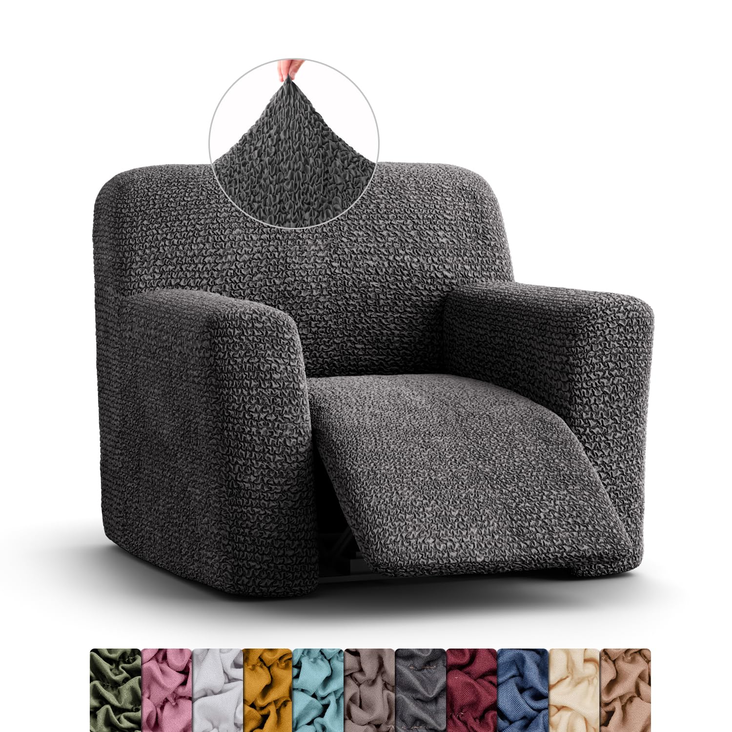 Menotti Grey Sanitised Recliner Cover - Chair Cover - Armchair Slipcover - Soft Fabric Slipcover - Wingback Recliner Stretch Furniture Protector - Microfibre - (Recliner Chair)
