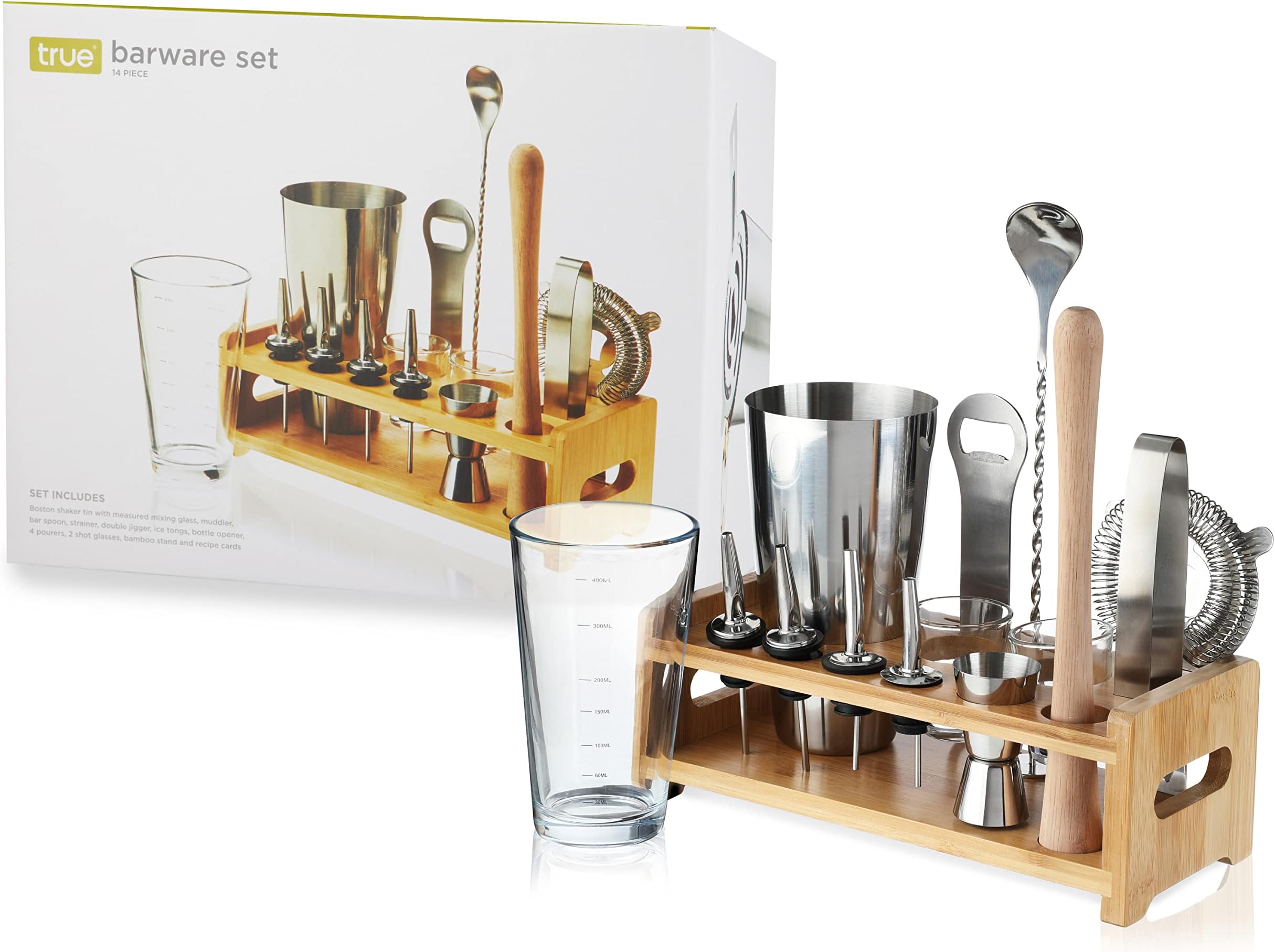 True Barware Set 14 Piece Bar Kit with Shaker, Mixing Glass, Muddler, Double Jigger & More, Assorted