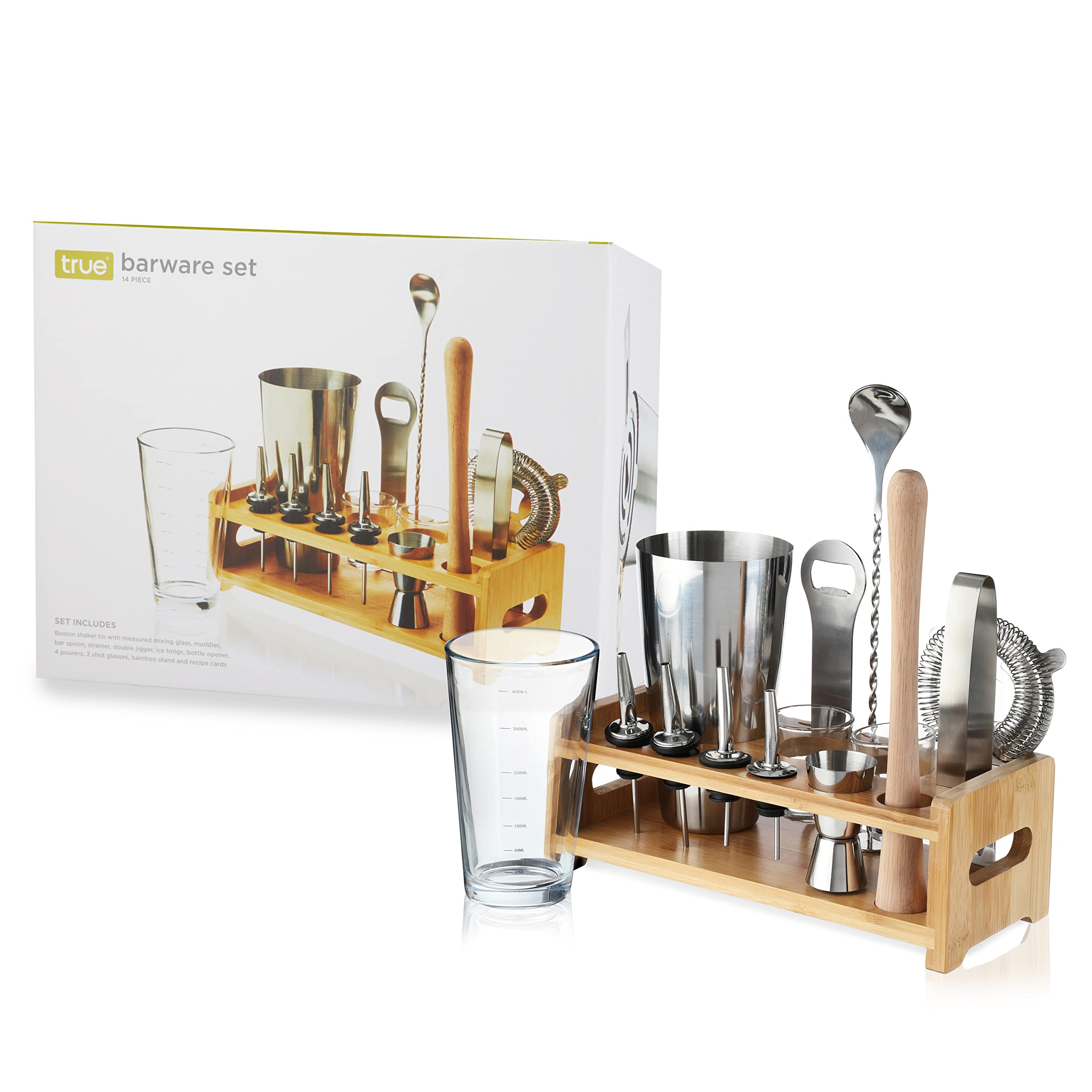 True Barware Set 14 Piece Bar Kit with Shaker, Mixing Glass, Muddler, Double Jigger & More, Assorted