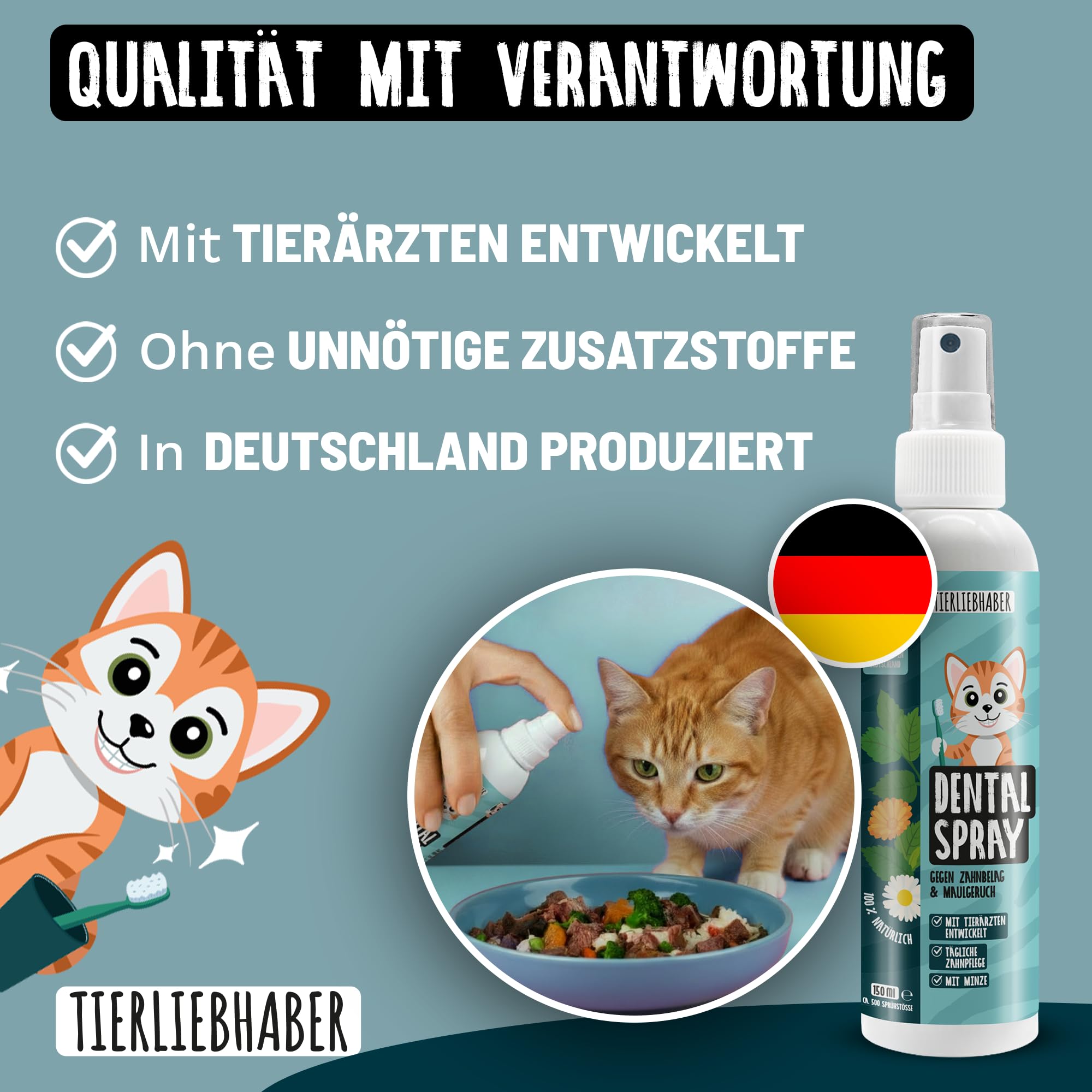 TIERLIEBHABER Dentalspray für Katzen Zahnpflege – Zahnpflege Katzen Zahnpasta Alternative – Gegen Katze Mundgeruch & Zahnstein Katze 100% natürlich – Tierärztlich in Deutschland entwickelt