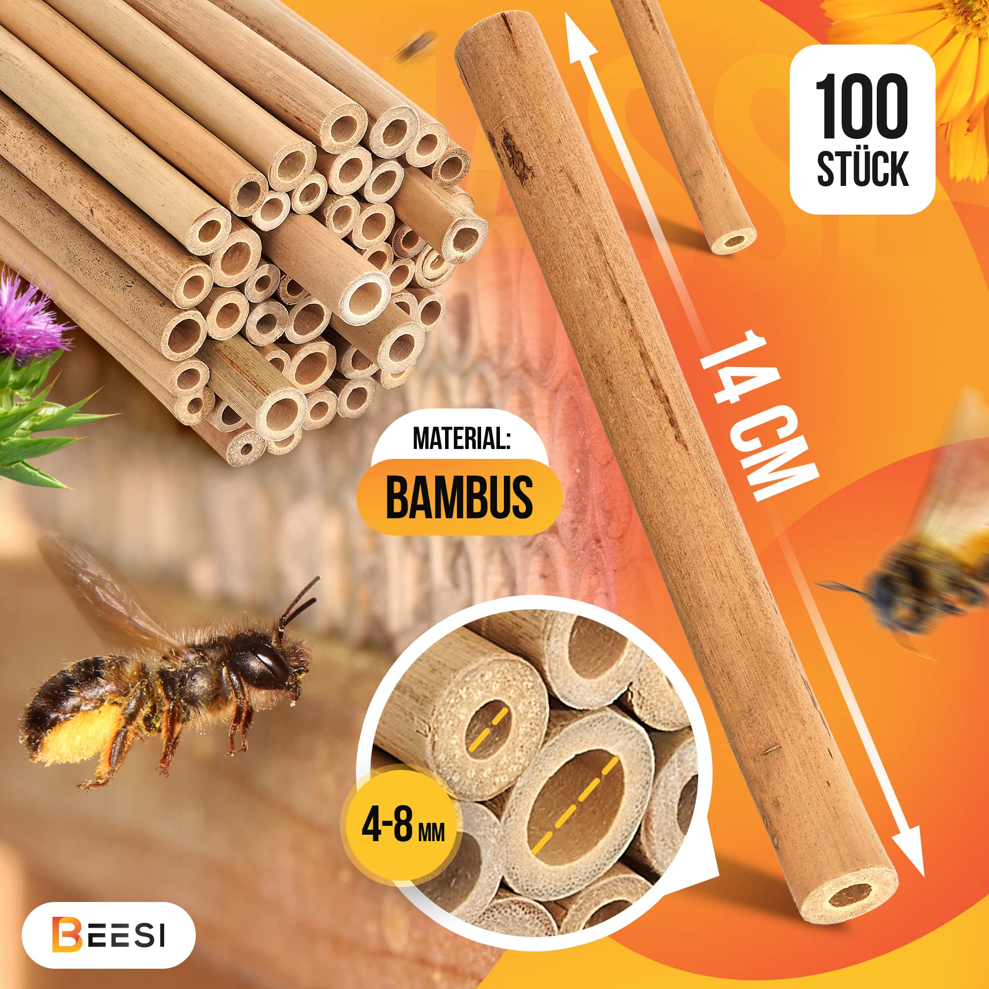 BEESI 100 tubi di bambù per hotel degli insetti, lunghezza 14 cm, in bambù per api, materiale di riempimento per api selvatiche, accessori