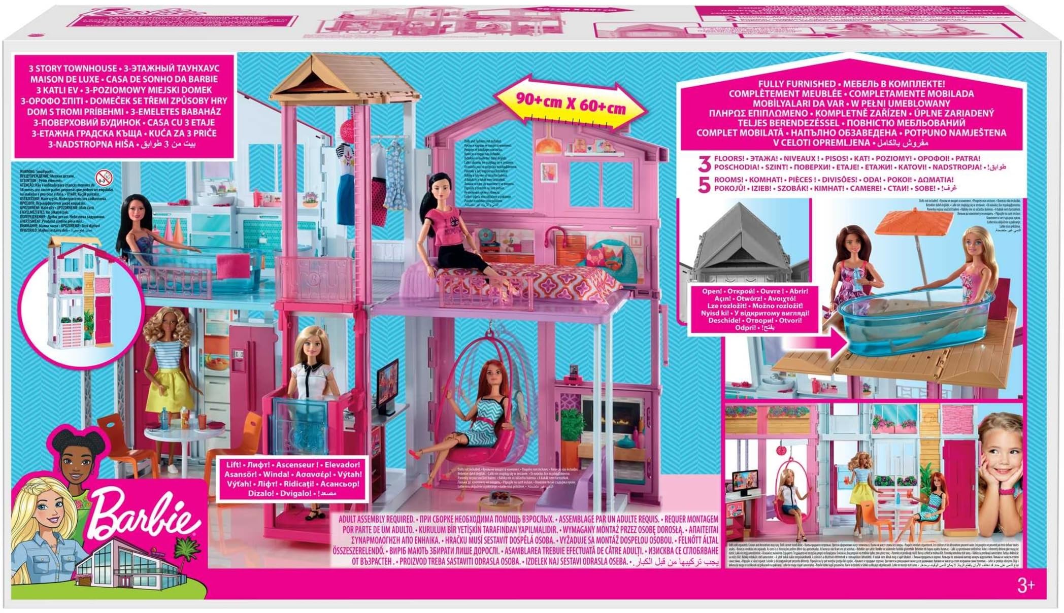 Barbie - La Casa a 3 piani, playset con ascensore e altalena, mobili e accessori inclusi, chiudibile per il trasporto, giocattolo per bambini, 3+ anni, DLY32