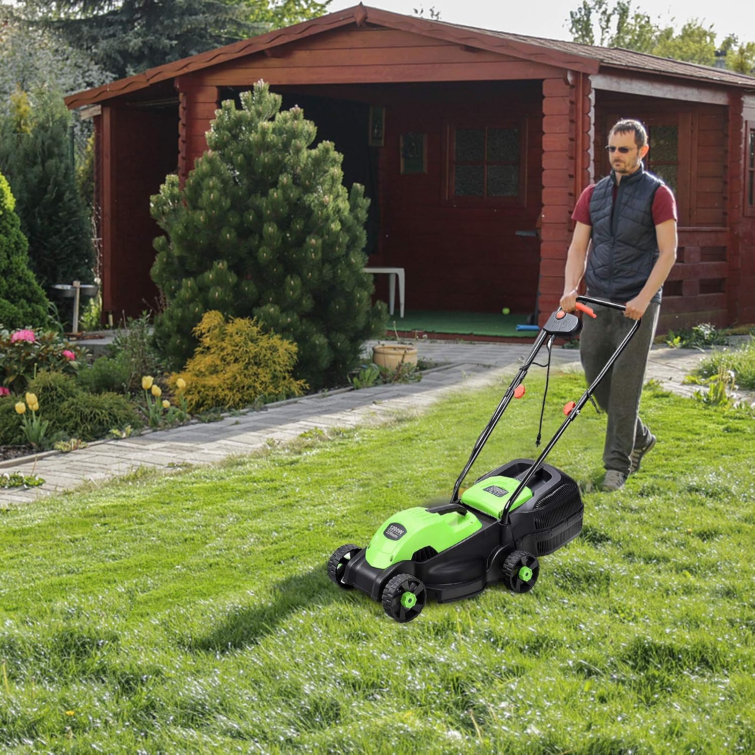 review Happygrill Lawn Mower 14-Inch 12 Amp Electric Lawn Mower, Handle Push Corded Lawn Mower with Grass Bag
