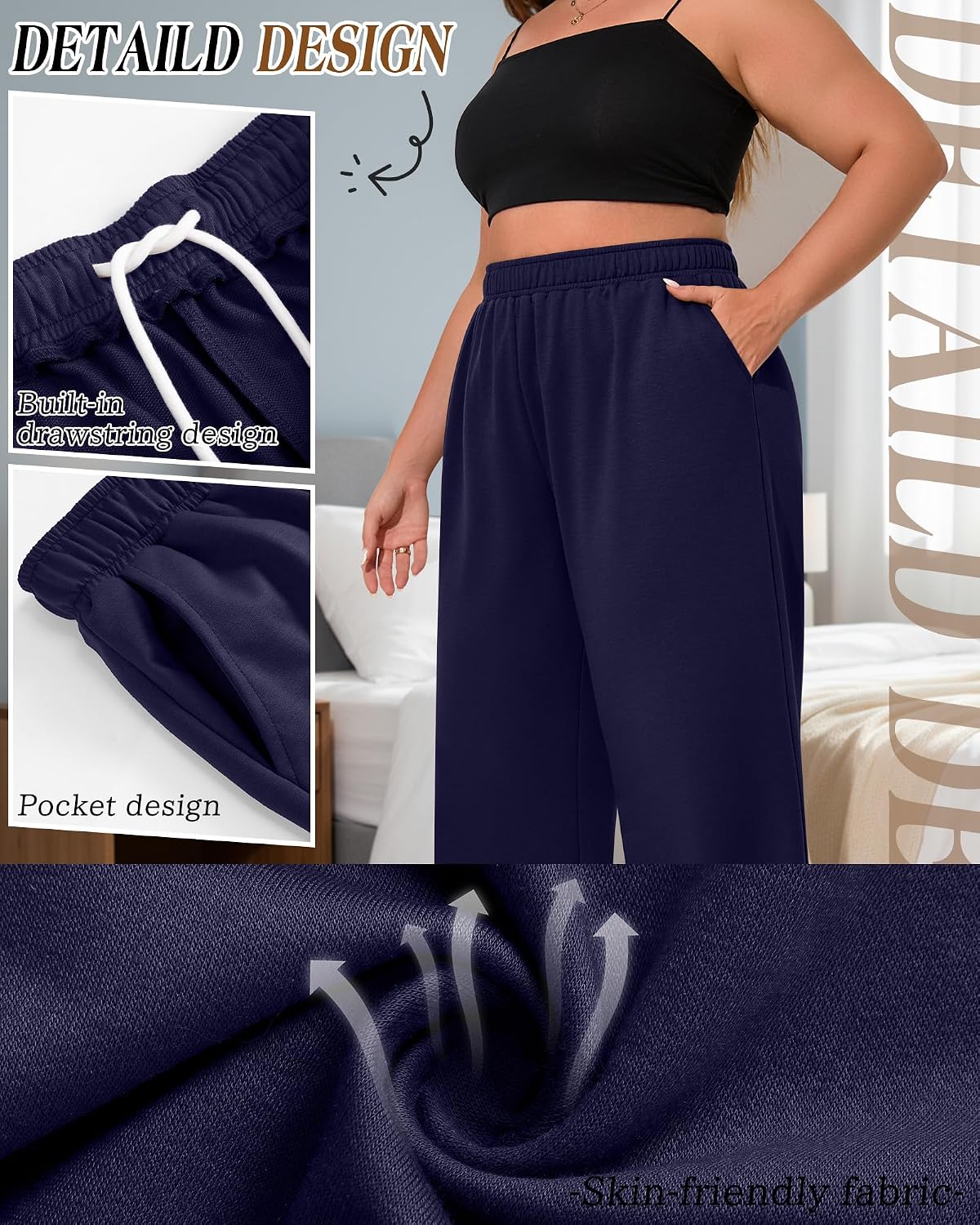 August Alley 3 Pack Women's Plus Size Wide Leg Yoga Pants, Baggy High Waist Lounge Pants, Drawstring Sweatpants with Pockets