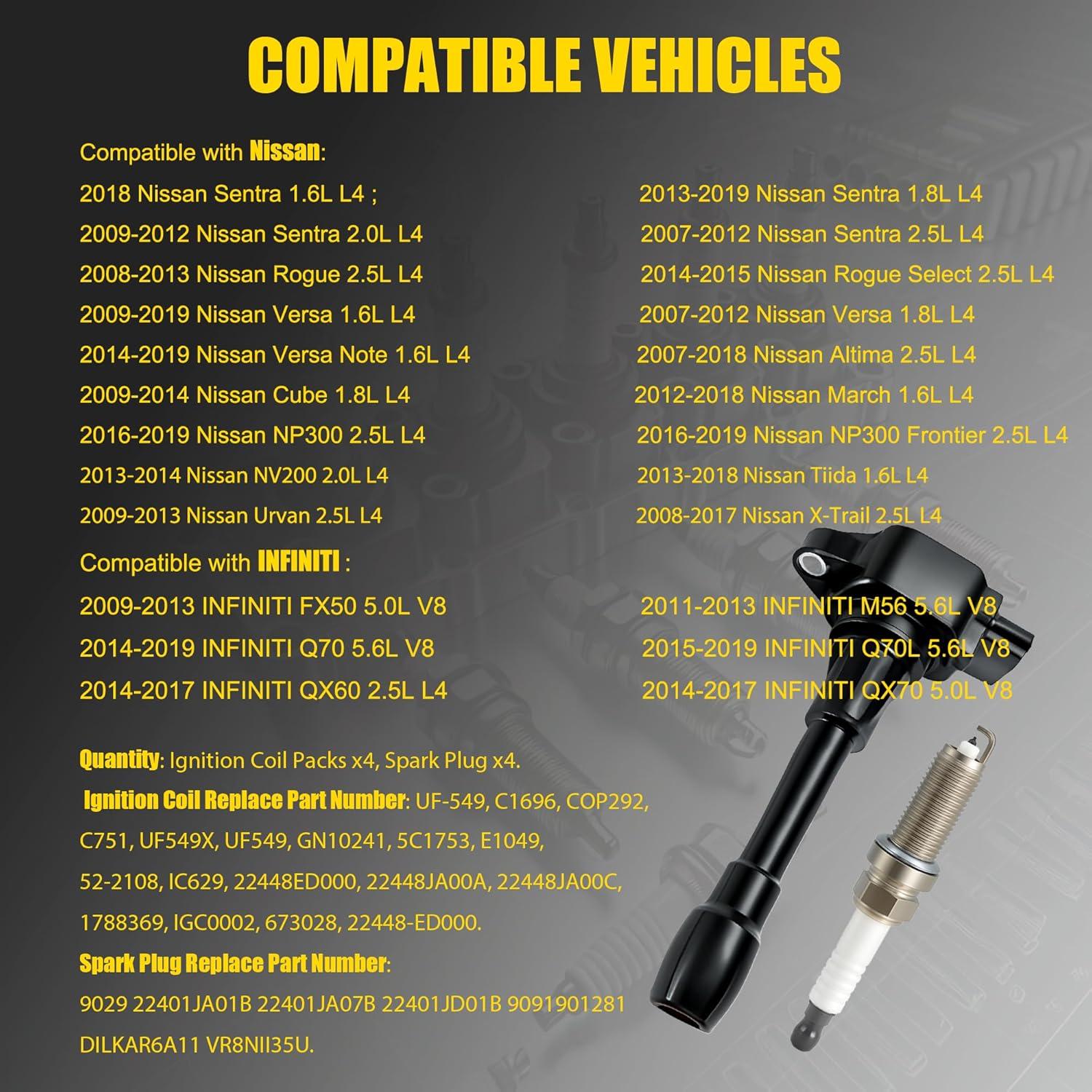 4PCS UF549 Ignition Coil Pack and 9029 Spark Plug for L4 2.5L 2.0L 1.8L 1.6L Compatible with Nissan Sentra Rogue Versa Altima NP300 2007-2019 Infiniti FX50 M56 QX60 QX70 2009-2017