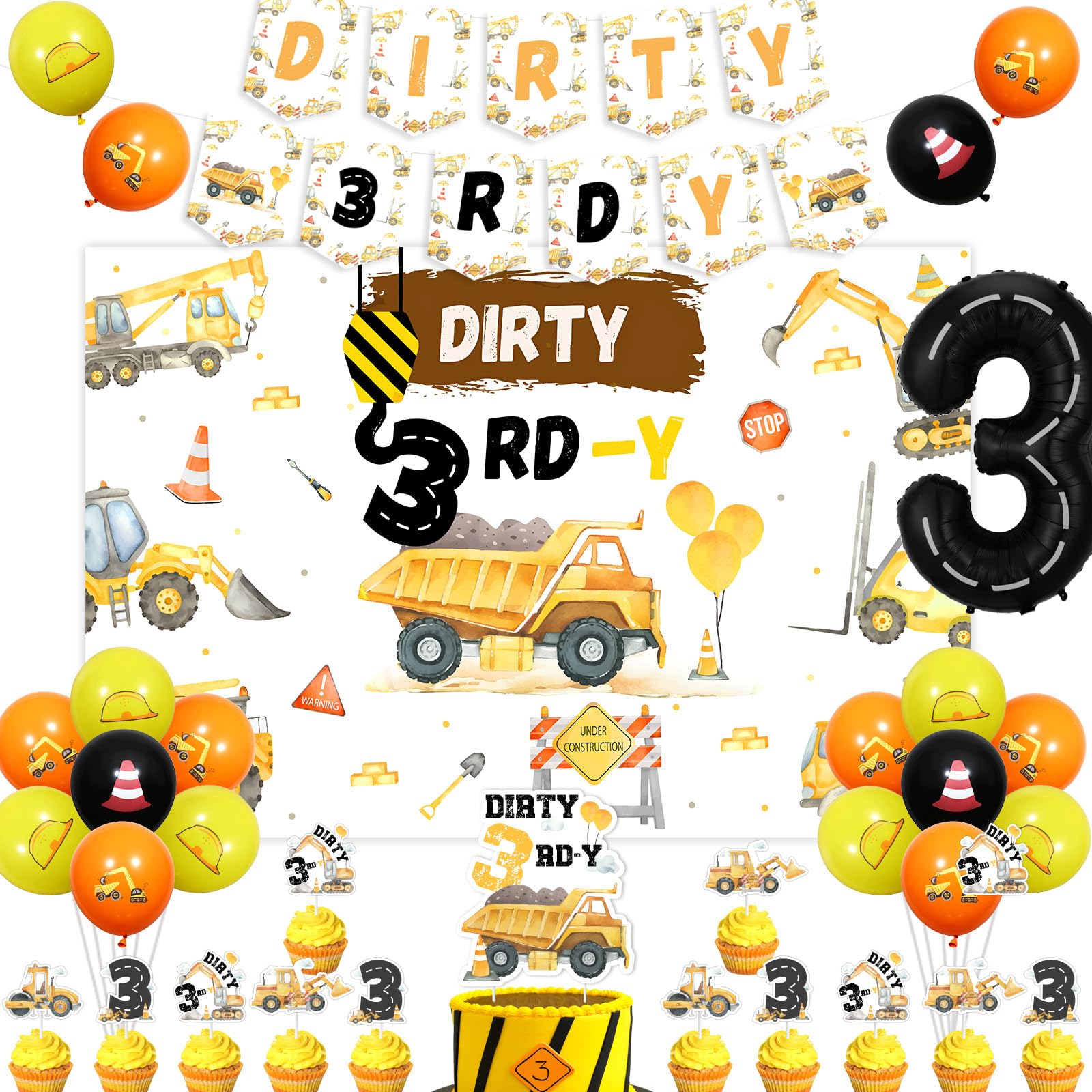 Wonmelody Construction 3rd Birthday Party Decorations with Dirty 3rdy Backdrop Banner Excavator 3rd Birthday Cake Cupcake Toppers Dump Truck Helmets