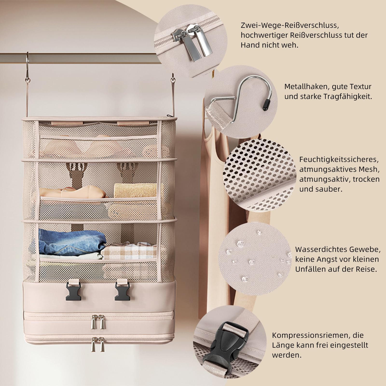 ACESOME Compression Koffer Organizer, 5 Schichten, Polyester, Beige-Pink, mit Haken und Reißverschluss, Camping Organizer Hängend, Faltbar Regal Handgepäck, Großes Fassungsvermögen