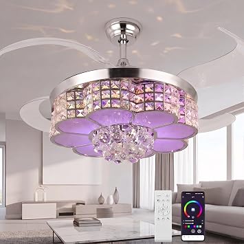 42" Retractable Bluetooth Crystal Ceiling Fan with Light, Chrome | Remote & APP Control, 6-Speed Reversible, Bluetooth Speaker, Dimmable RGB LED, Modern Invisible Fandelier