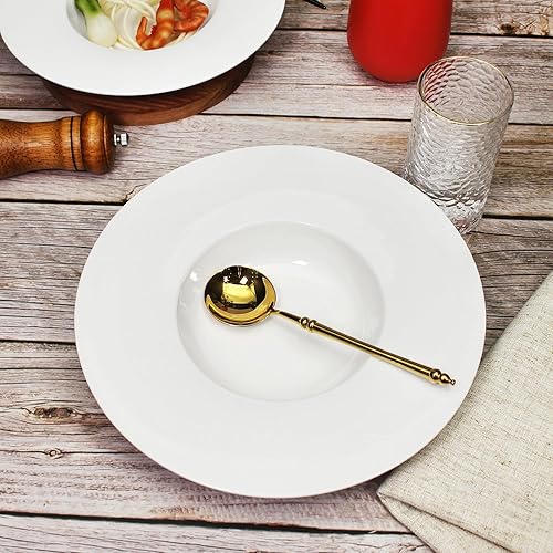 Miniatura 8 de Plato de sopa de cerámica de borde ancho, cuenco de sopa de 14 onzas, juego de 4 cuencos para pasta, platos blancos poco profundos con borde, la