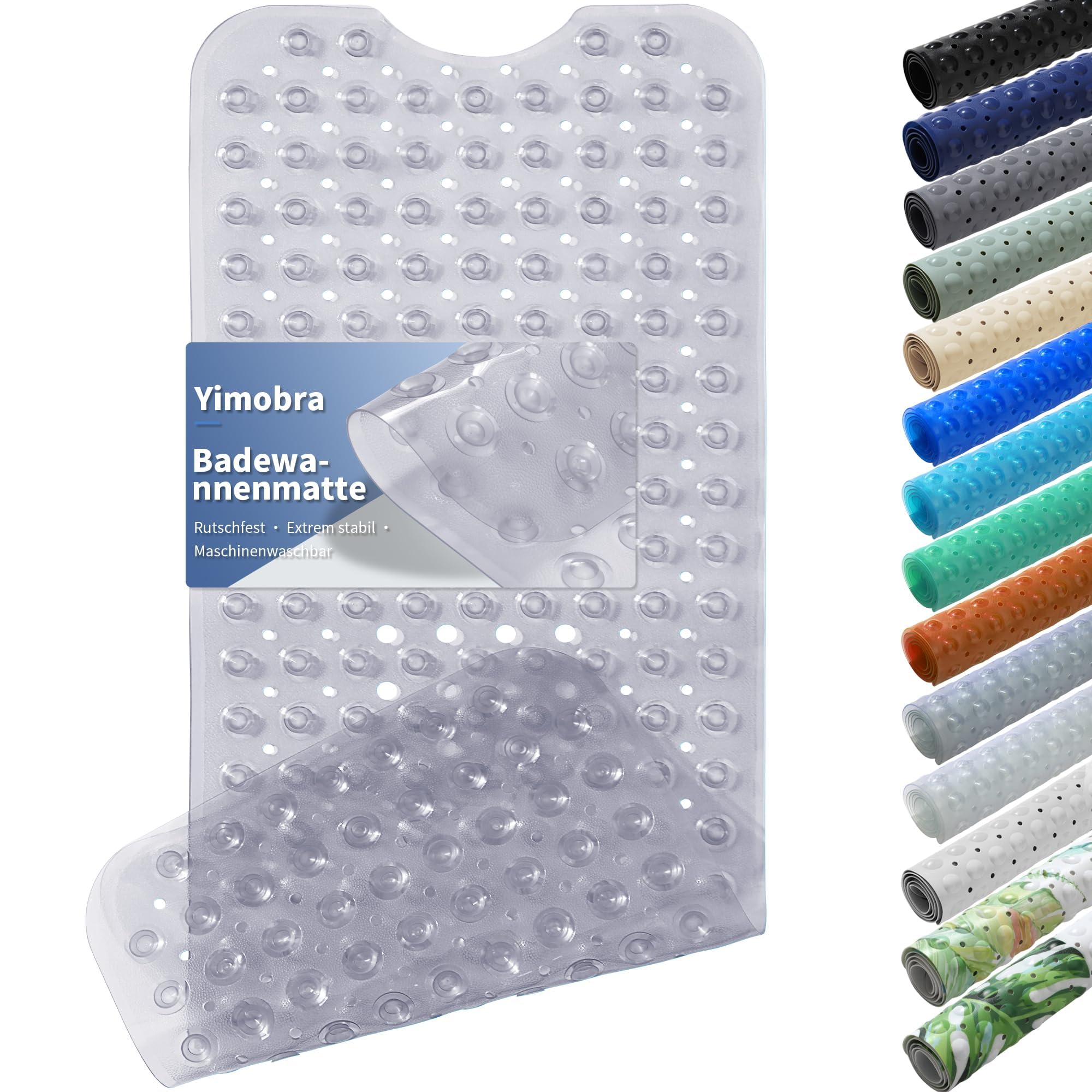 Yimobra Badewannenmatte, Extra Lang Duschmatten für Wanne Anti-Rutsch mit Abflusslöchern, Saugnäpfen, Phthalatfrei, Latexfrei, BPA-frei und Maschinenwaschbar (100 x 40 cm, Klares Grau)