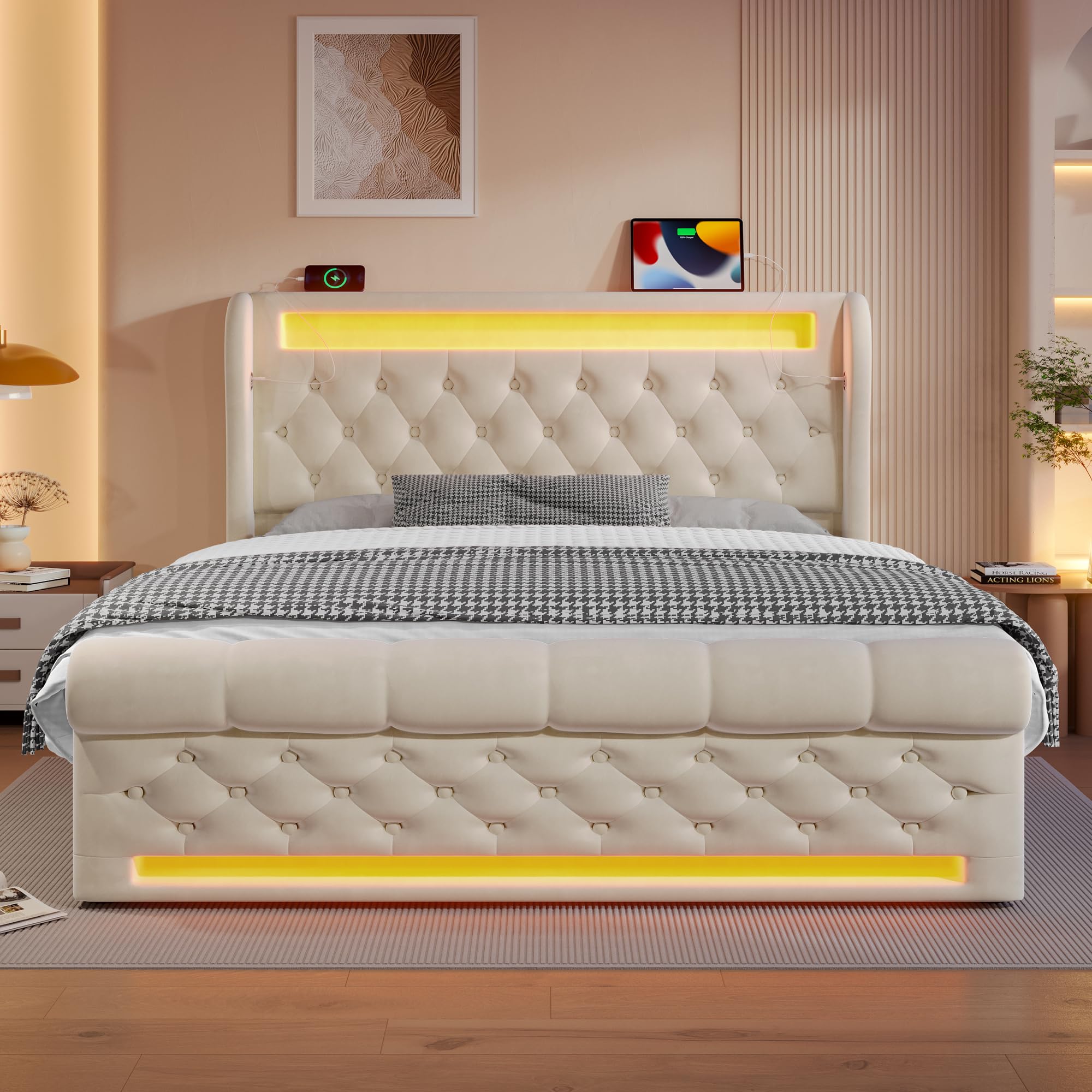 Cama 140x190 cm Camas Juveniles con USB-C y Luz LED, Cama Matrimonio Tapizada con Almacenamiento Hidráulico y Listones de Madera, Camas Matrimoniales, Terciopelo, Sin Colchón, Beige
