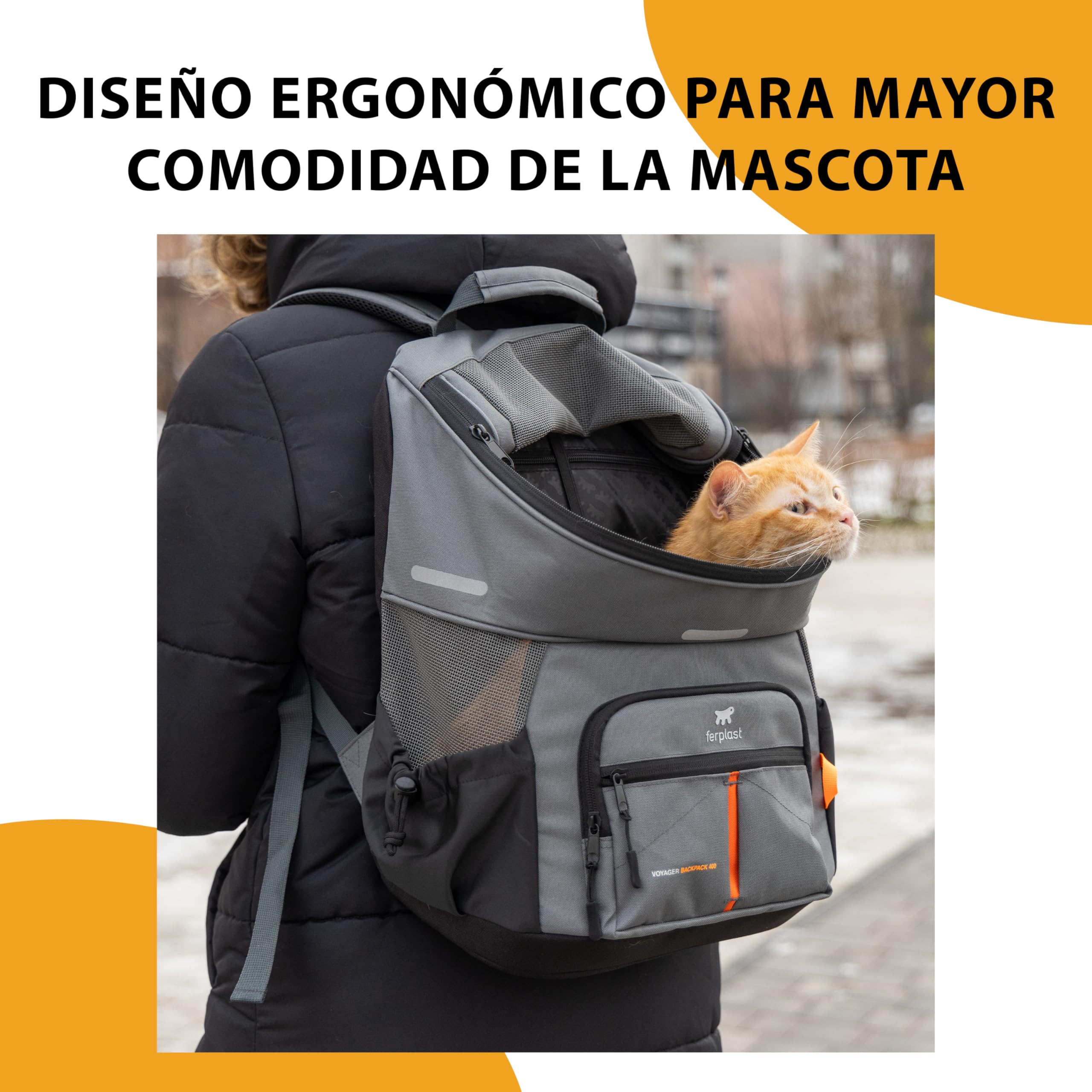 Ferplast Mochila Gato Voyager Backpack, Transportín Gato, Transportin Perro, Mochila, Gatos, Apertura Amplia, Correas Ajustables, Correa de Seguridad, con Cojín, Máx. 10 kg, 29x21x36H, Negro