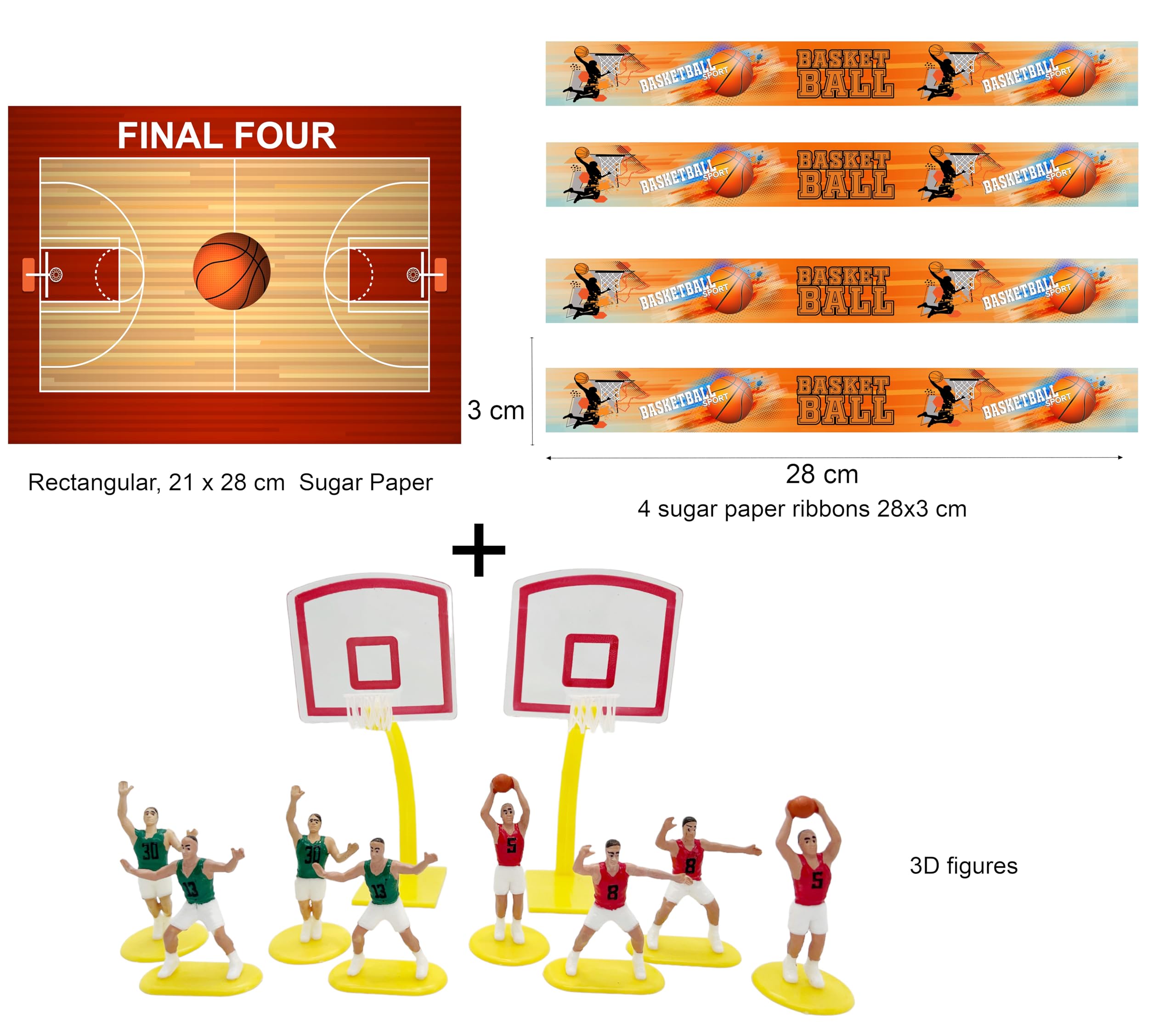 Basketball Cialda per Torte in Pasta di Zucchero - Ostia Decorativa Commestibile per Torta - Divertenti Decorazioni - 21x28 cm + 4 Nastri 28x4cm + 10 Figurine 3D