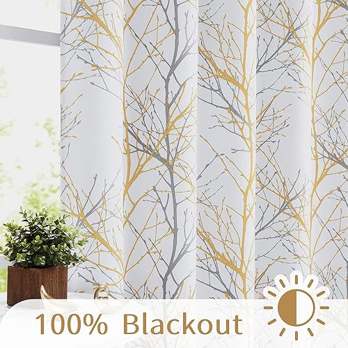 Miniatura 5 de FMFUNCTEX - Cortinas opacas 100% para sala de estar, cortinas amarillas y grises de 63 pulgadas de largo con patrón de ramas para dormitorio,