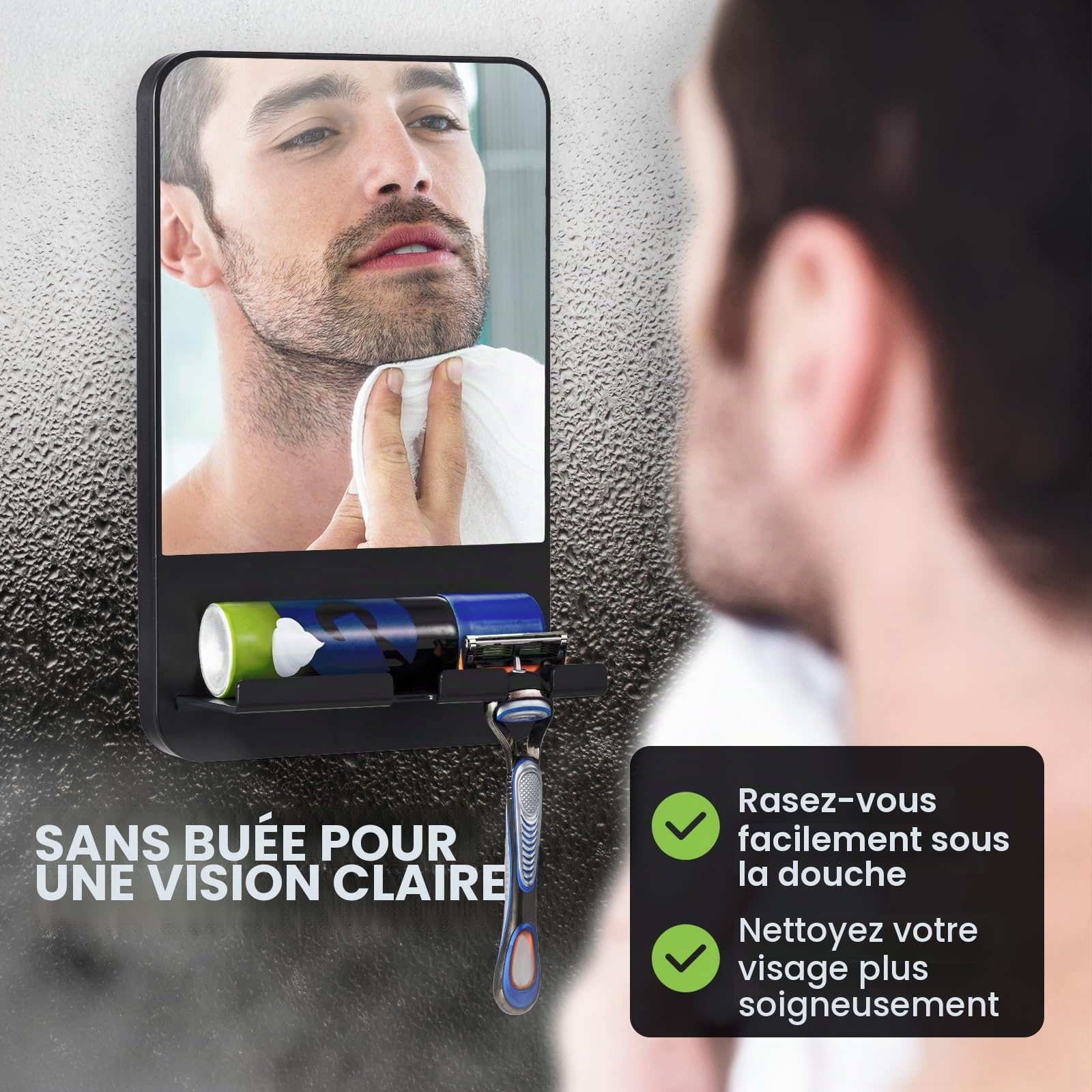 Miroir de Douche Antibuée sans Perçage avec Maintien du Rasoir, Noir