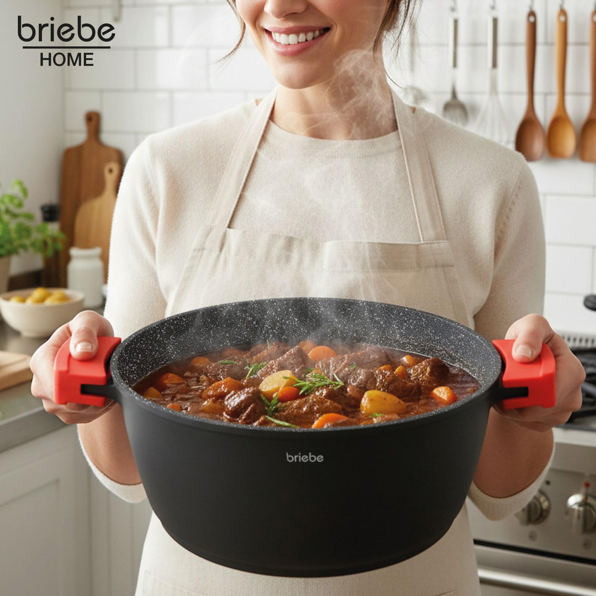 briebe Black Titanium Pentola Induzione Antiaderente Titanio, Casseruola 28cm, Alluminio Fuso, Rivestimento senza PFOA, Coperchio Vetro, Maniglie in Silicone, Vetroceramica, Gas, Forno