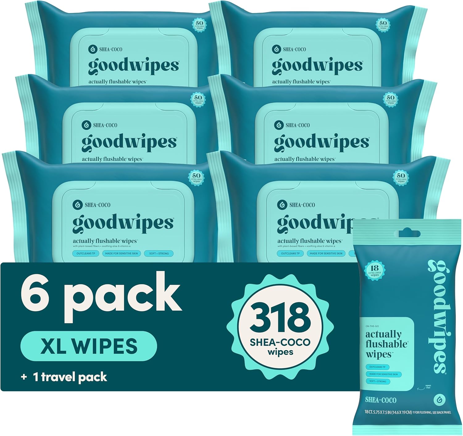 goodwipes Flushable Butt Wipes - Vitamin E & Aloe - Sewer & Septic Safe - Extra Large Adult Wet Wipes For Women & Men - Bathroom Essentials - Shea-Coco, 318 Count (6 Packs + 1 Travel)