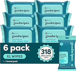 goodwipes Flushable Butt Wipes - Vitamin E & Aloe - Sewer & Septic Safe - Extra Large Adult Wet Wipes For Women & Men - Bathroom Essentials - Shea-Coco, 318 Count (6 Packs + 1 Travel)