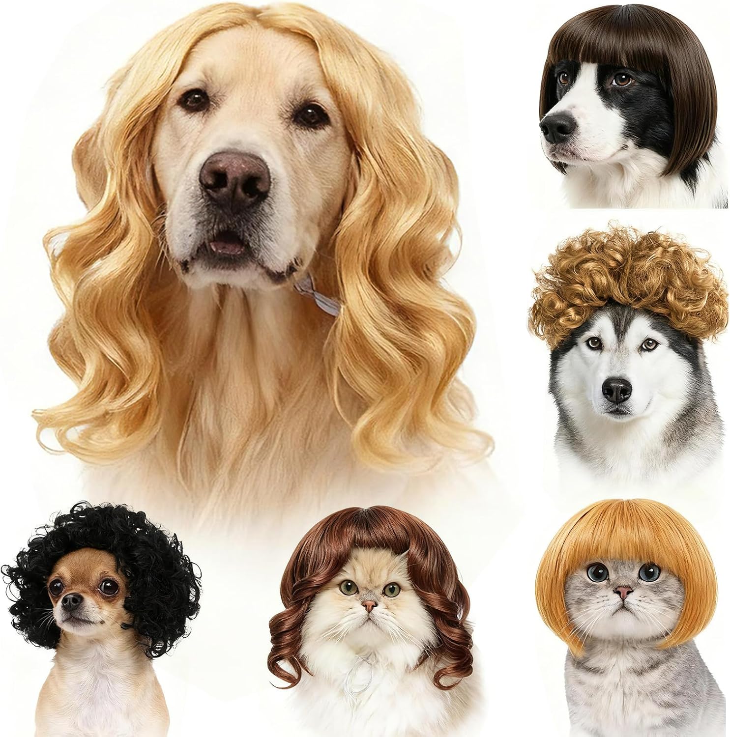 6 Pack Funny Cat and Dog Wigs, Soft Pet Cosplay Costume with Adjustable Straps, for Halloween Christmas Party Dress-Up, Ideal Gift for Pet Lovers