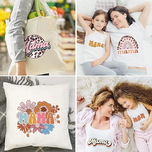 Miniatura 7 de Whaline 6 hojas de parches para planchar con texto en inglés "Mama Boho, para planchar con estampado de arcoíris, flores, leopardo, mamá", vinilo