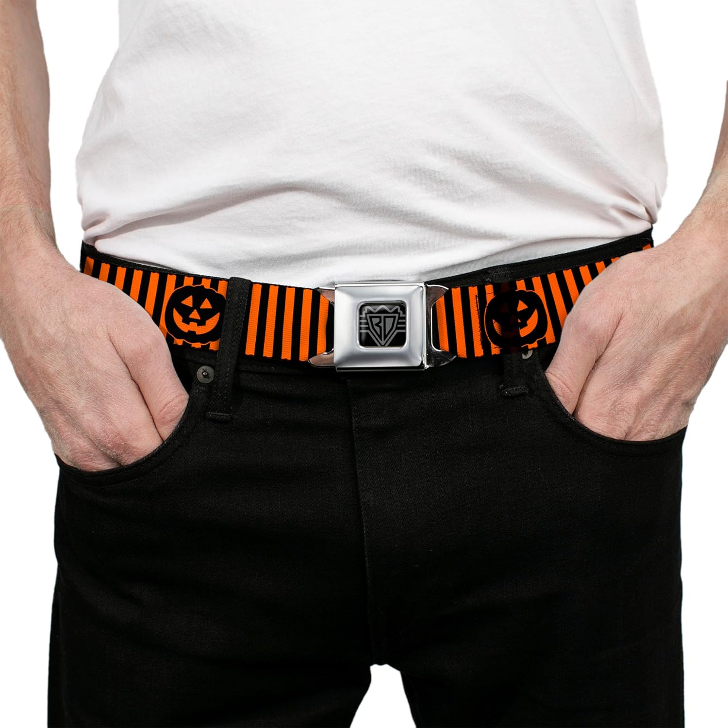 Buckle-Down Belt Seatbelt Buckle Jack O Lantern Pumpkin Stripe Orange Black Mens Womens Kids Adjustable