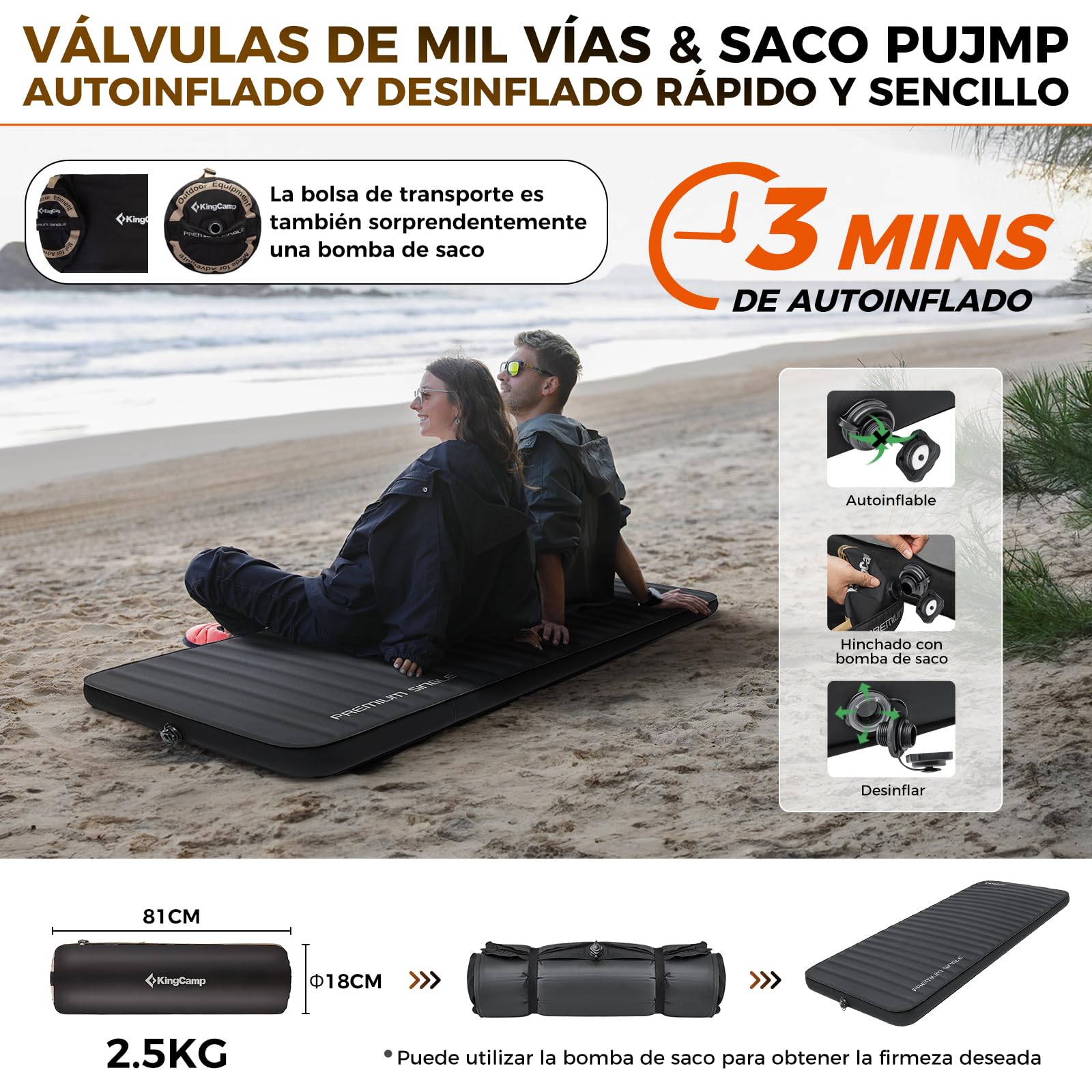 KingCamp Colchoneta Autoinflable Camping 3D 7,5cm R-7,5 198x76cm | Inflable, Compacta, Robusta, Estable, 4 Estaciones, Silenciosa, Impermeable, para Tienda Coche Cama Huéspedes Glamping Negro