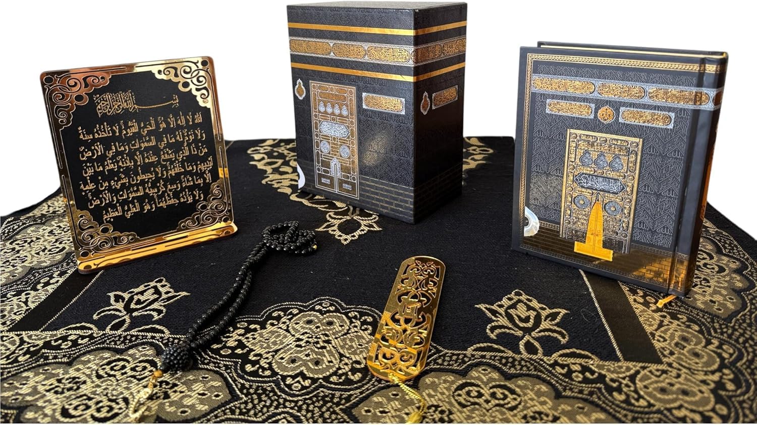 SAIKA Muslim Prayer Rug, Islamic Gift Set, Velvet Full Arabic Quran, Elegant Kaaba Design Box, Ayat El Kursi Table Top, Prayer Beads, Bookmark, Janamaz, Salah Mat (KAABA)